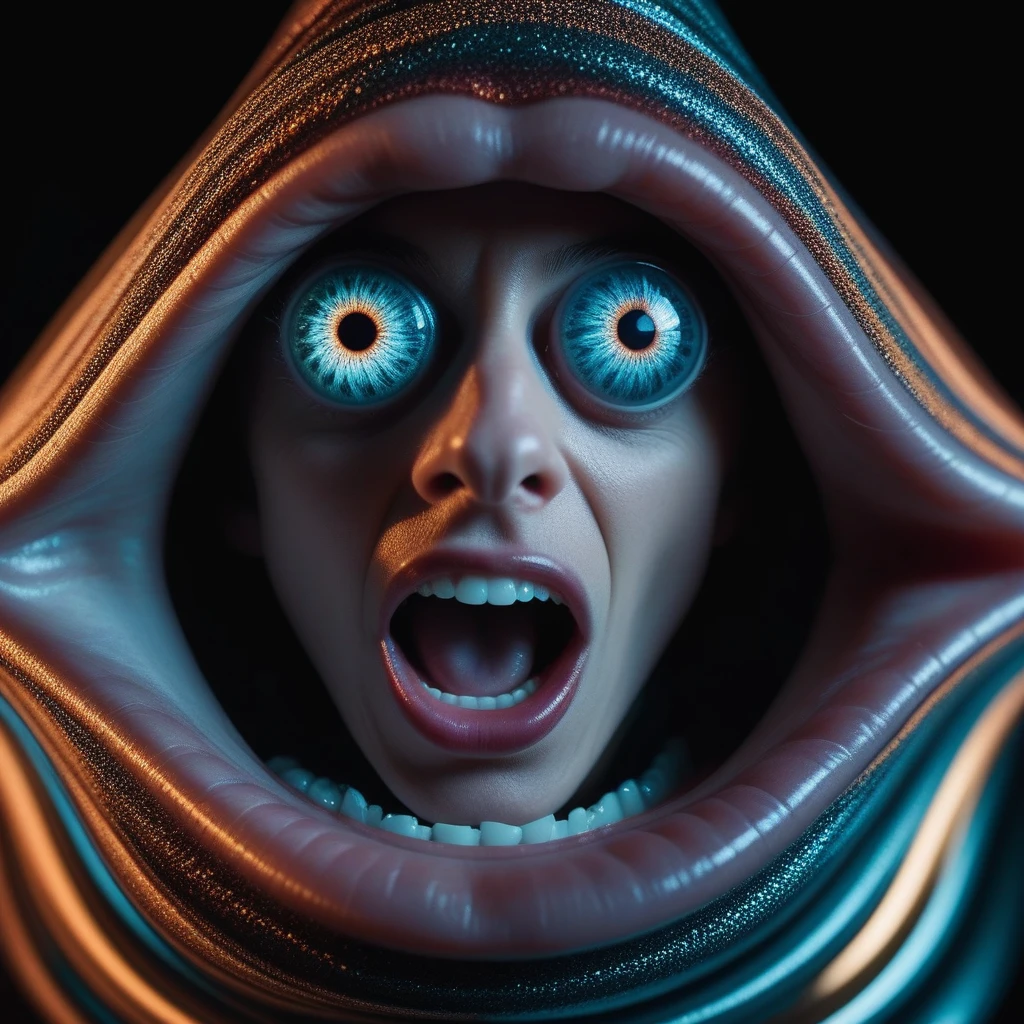 photo portrait of a [person|woman|human] [prism|diamond|pyramid|swirl] eyes [solid|liquid] flowing [quantum|magical] [crazy|insane] mouth [fabric|hard surface], realistic multidimensional abstractions shot with a panavision arriflex imax lense, depth of field, cinematic lighting