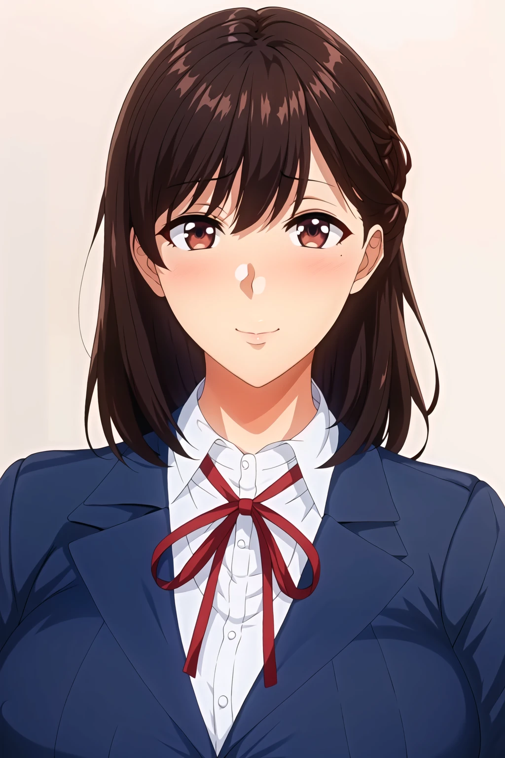 Simple White Background,
school uniform, red neckwear, red ribbon, 
blue_jacket,(blue_blazer:1.5), 
collared shirt,white shirt,
<lora:Yukiha_Serizawa_Library-KK77-V1:0.7>,
Brown eyes, Brown hair,bangs,Long_hair,
<lora:Oda_Non_Style-KK77-V2:0.3>,<lora:more_details:0.1>,
1 girl, 20yo,Young female,Beautiful Finger,Beautiful long legs,Beautiful body,
Beautiful Nose,Beautiful character design, perfect eyes, perfect face,expressive eyes,perfect balance,
looking at viewer,(Focus on her face),closed mouth, (innocent_big_eyes:1.0),(Light_Smile:0.3),
official art,extremely detailed CG unity 8k wallpaper, perfect lighting,Colorful, Bright_Front_face_Lighting,White skin,
(masterpiece:1.0),(best_quality:1.0), ultra high res,4K,ultra-detailed,
photography, 8K, HDR, highres, absurdres:1.2, Kodak portra 400, film grain, blurry background, bokeh:1.2, lens flare, (vibrant_color:1.2),professional photograph,
(Beautiful,large_Breasts:1.4), (beautiful_face:1.5),(narrow_waist),