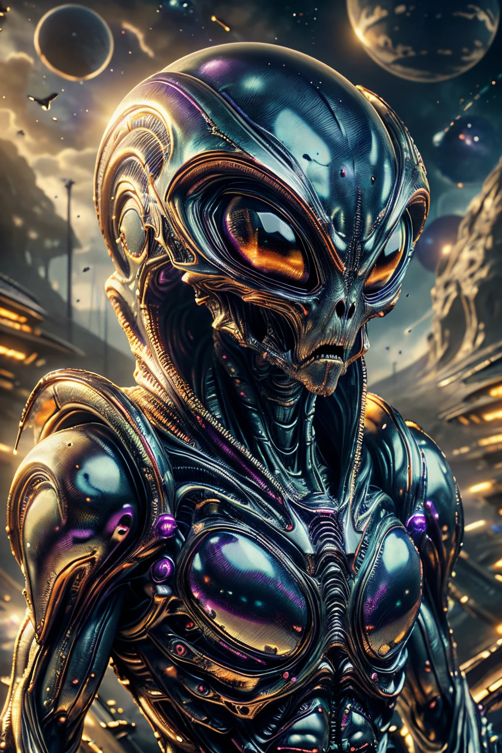full body shot, closeup, masterpiece, best quality, (photorealistic:1.4), a photo of a monster, wearing purple alienzkin war armour, (orange alienzkin helmet:1.2), inside spaceship, flight bay <lora:ral-alienzkin-sd15:1>