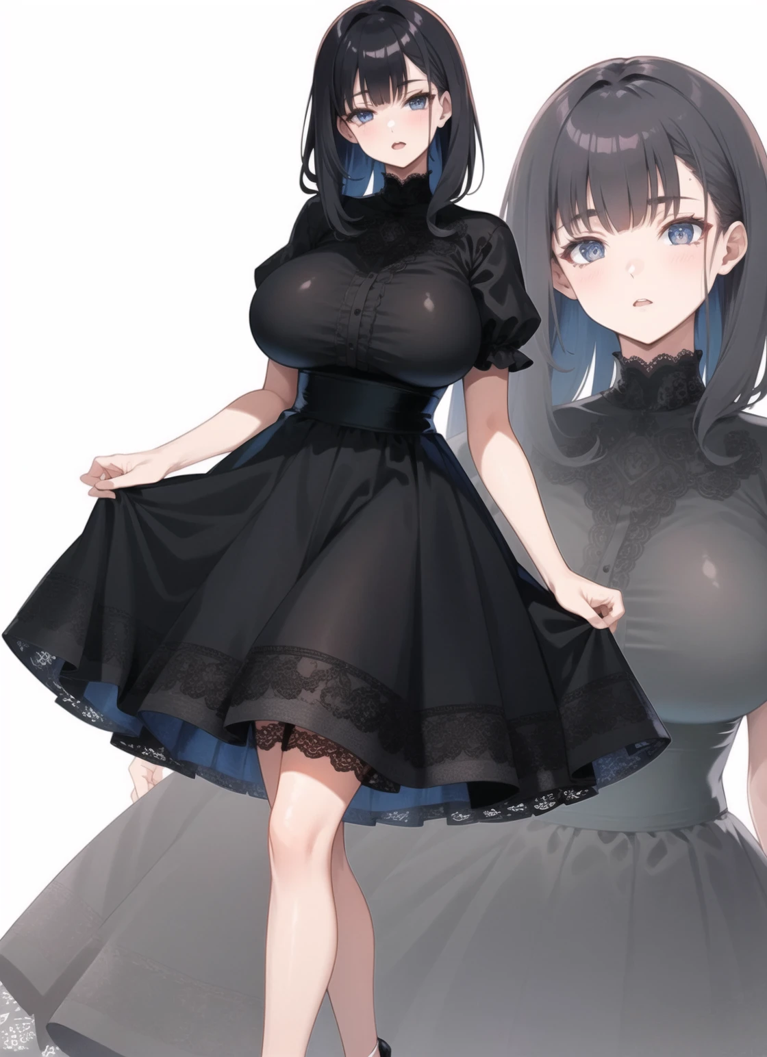 zoom layer, 1girl, lace-trimmed dress, large breasts, standing, white background, <lora:zoom_layer_v1.5:0.7>