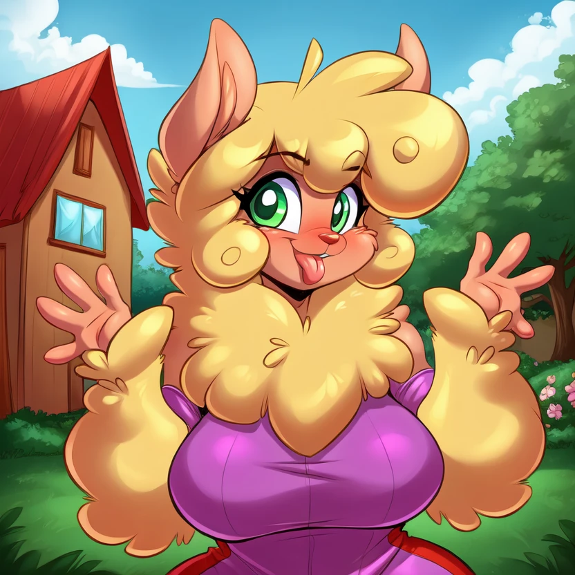 Furry domestic pig elderly female ,eyelashes ,eyeshadow , Blonde hair ,Light pink body , cartoon Style , huge FAT Breasts ,Breasts Focus ,pov between breasts