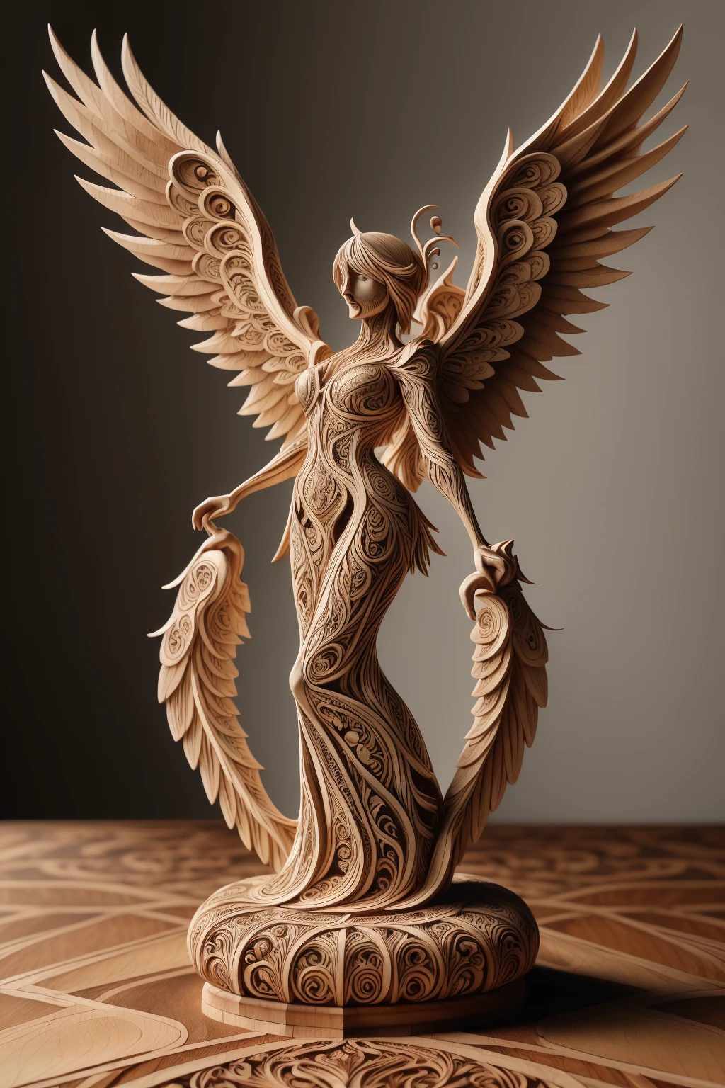 woodfigurez, closeup shot, full body, masterpiece wood carving, pixie with 2 wings carved out of big block of wood, detailed carving (painted with varnish colors:1.2), artistic style <lora:ral-woodfigurez:1>