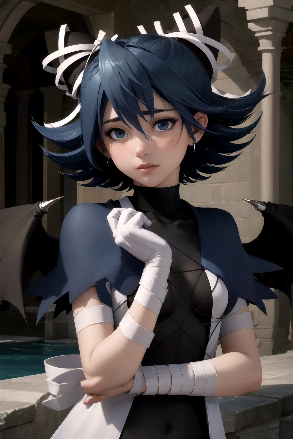 <lora:RtPL-SereneV3:0.99> serene_\(riviera\), blue_capelet, white_coat, black_bodysuit, black_headwear, bandages, short_hair, beautiful, (masterpiece:1.2), (best quality:1.2), perfect eyes, perfect face,<lora:perfectfingers:1.0>