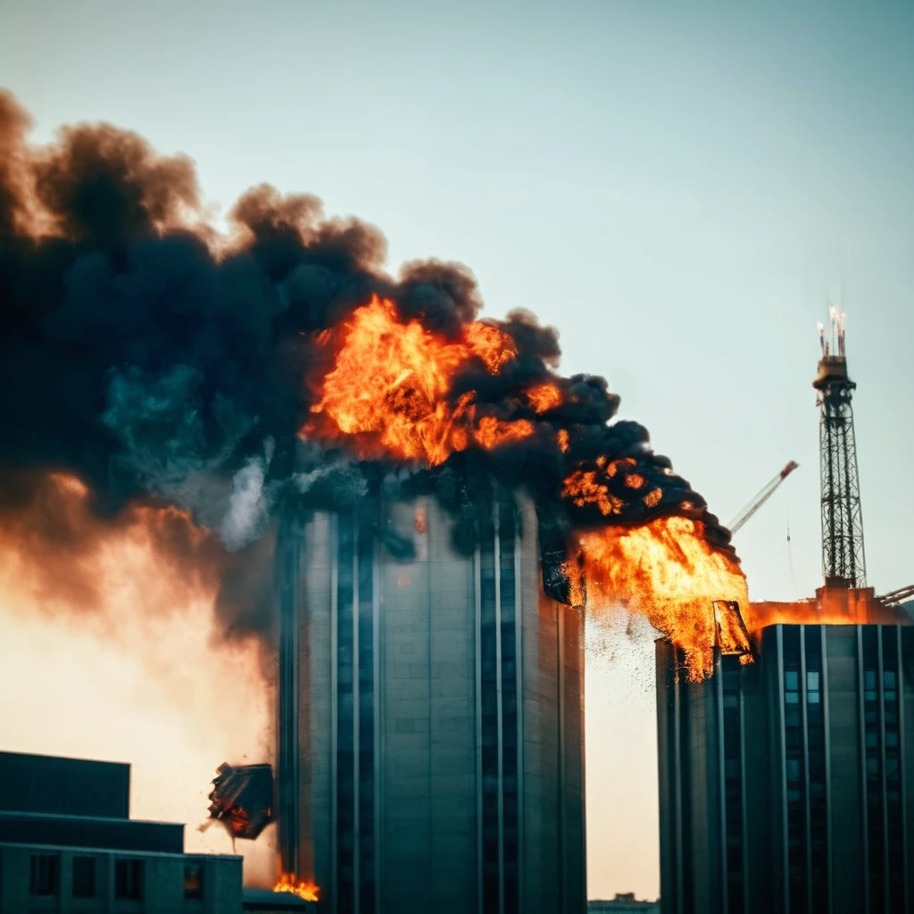 cinematic film still of <lora:cinematic explosion style:1.5>
a large fire is coming out of the top of a building cinematic explosion style, shallow depth of field, vignette, highly detailed, high budget, bokeh, cinemascope, moody, epic, gorgeous, film grain, grainy