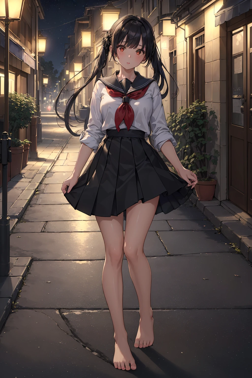 ((masterpiece, high resolution, best quality:1.4, breathtaking:1.4, ultra detailed)), (a cute woman in a street while a strong light shines on her and makes everything else dark), barefoot, one foot up, standing, serafuku, night, street lamp, <lora:feetmasterlorav1.1:0.4>