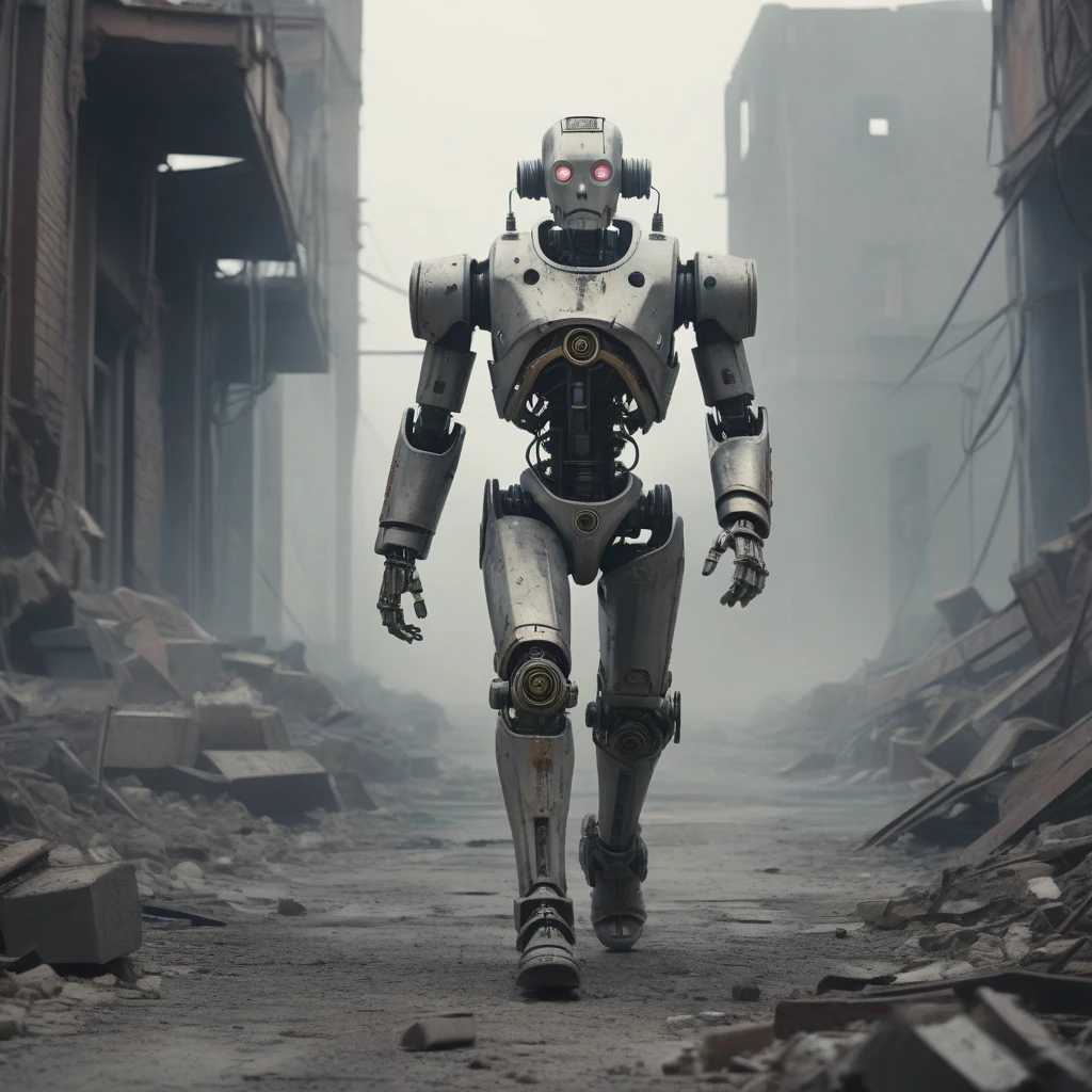 cinematic shot of a futuristic mechanical android marching through the rubbles of a post-apocalyptic dystopia
cinematic lighting, tension, depth of field, dust fog