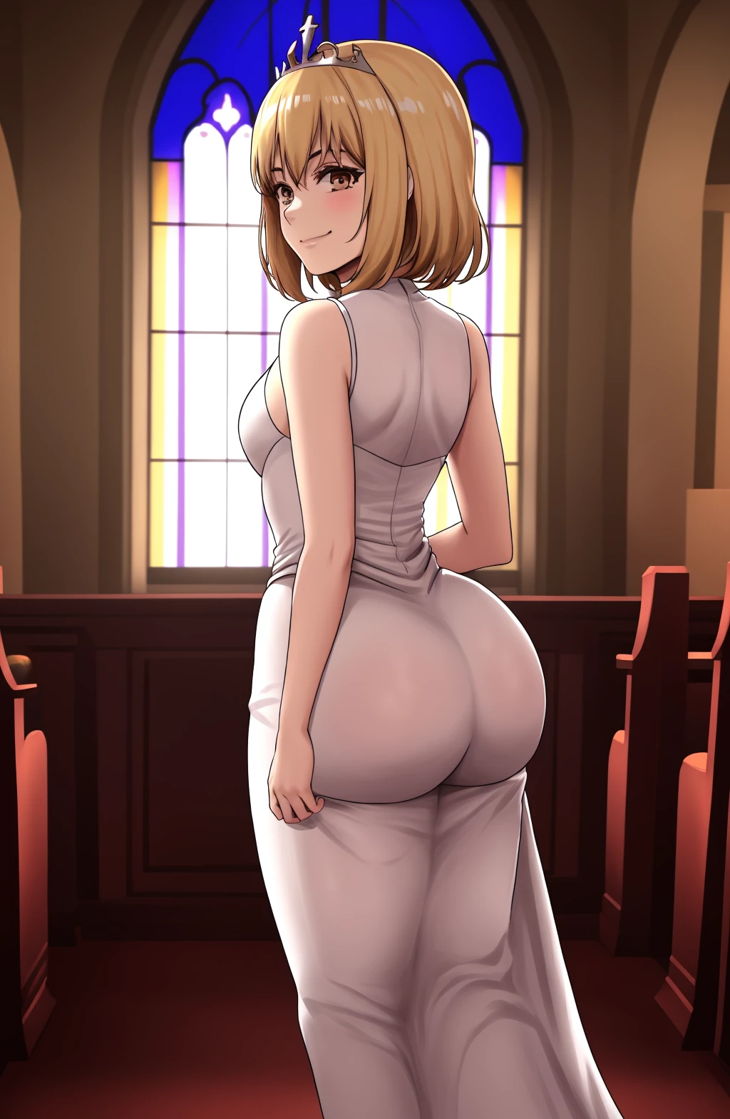 D-art Style, @18dart3, d-art, 1girl, solo, ((((((!!, ??)))))), masterpiece, best quality, 1girl, waist up, brown eyes, smile, lips, short blonde hair, closed mouth,from behind, ass, wide hips, wearing a bridal dress, tiara, background: church interior, stained class windows, candle lit room , solo, <lora:D-art | 18dart3 Style-V2:0.75>