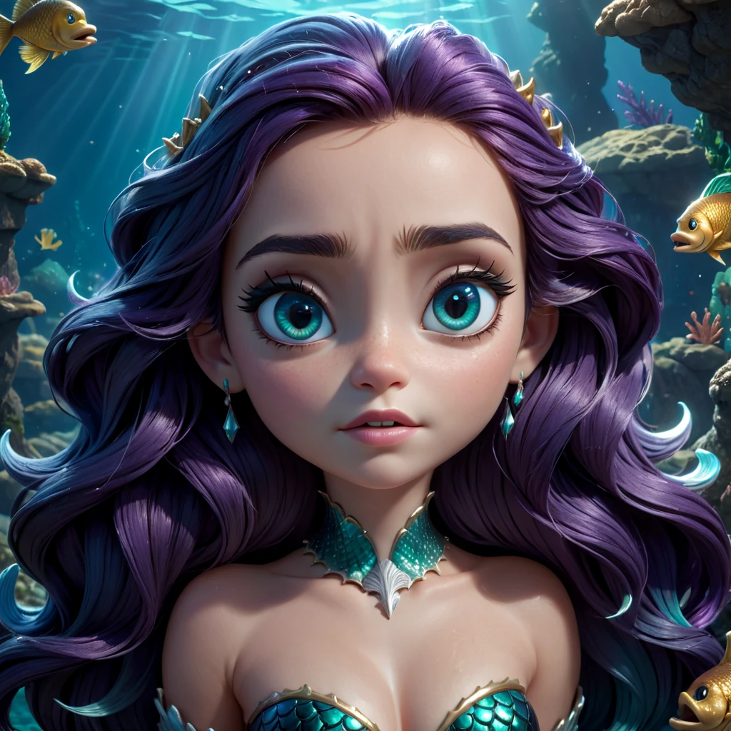 modisn disney, (dark magic), (grim), mermaid, masterpiece, best quality, (intricate details), dreamy, perfect eyes, dark pupils, magnificent, ethereal, volumetric lighting, lightroom, ((cinematic)), raytracing, subsurface scattering, face focus, DSLR, HDR, HD.