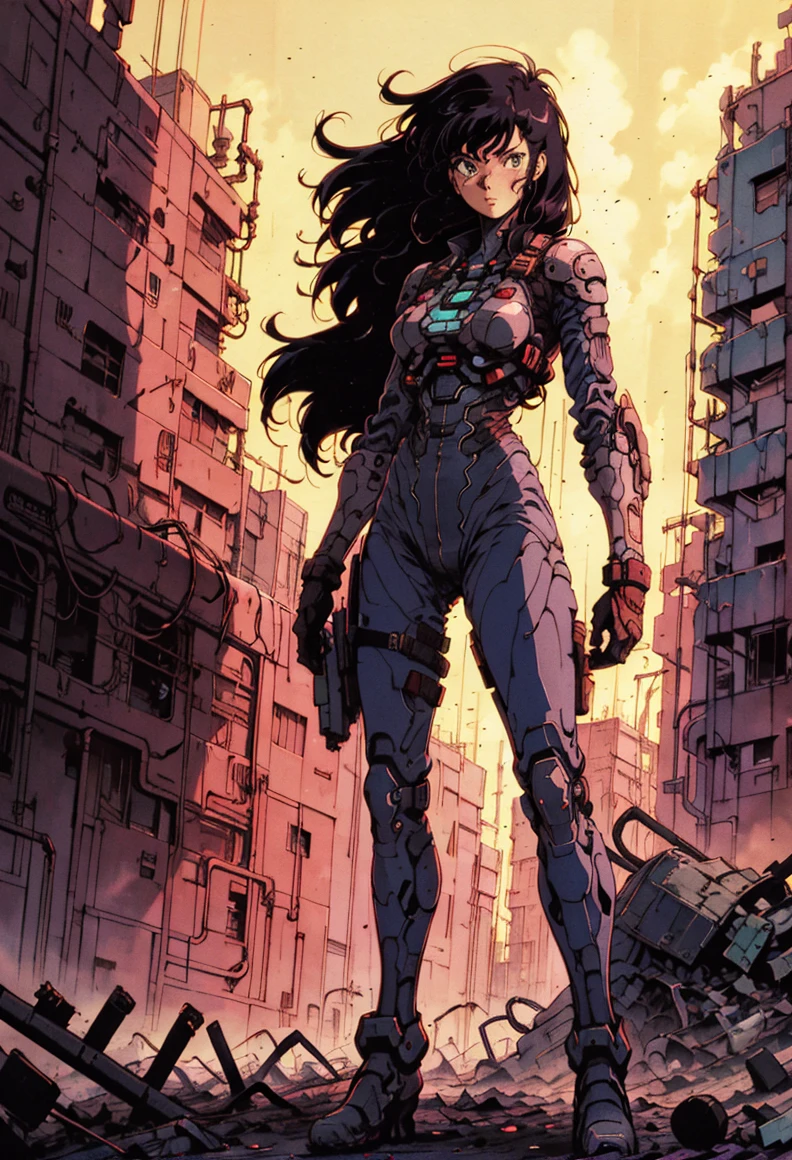a woman in a sci - fi fi outfit standing in a destroyed city, concept art, retrofuturism<lora:Retro_Anime-000006:.7> retro anime,