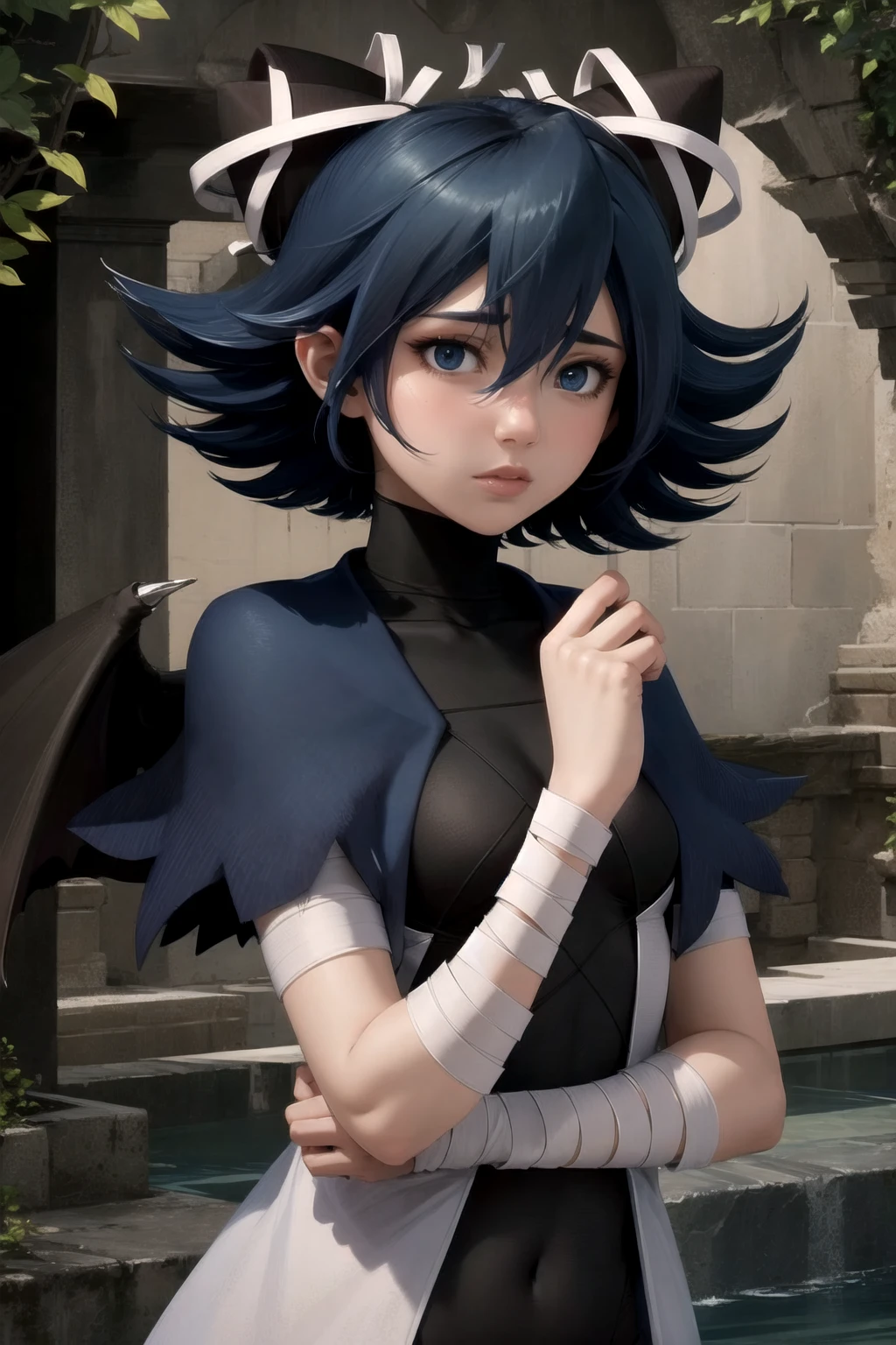 <lora:RtPL-SereneV3:0.99> serene_\(riviera\), blue_capelet, white_coat, black_bodysuit, black_headwear, bandages, short_hair, beautiful, (masterpiece:1.2), (best quality:1.2), perfect eyes, perfect face,<lora:perfectfingers:1.0>