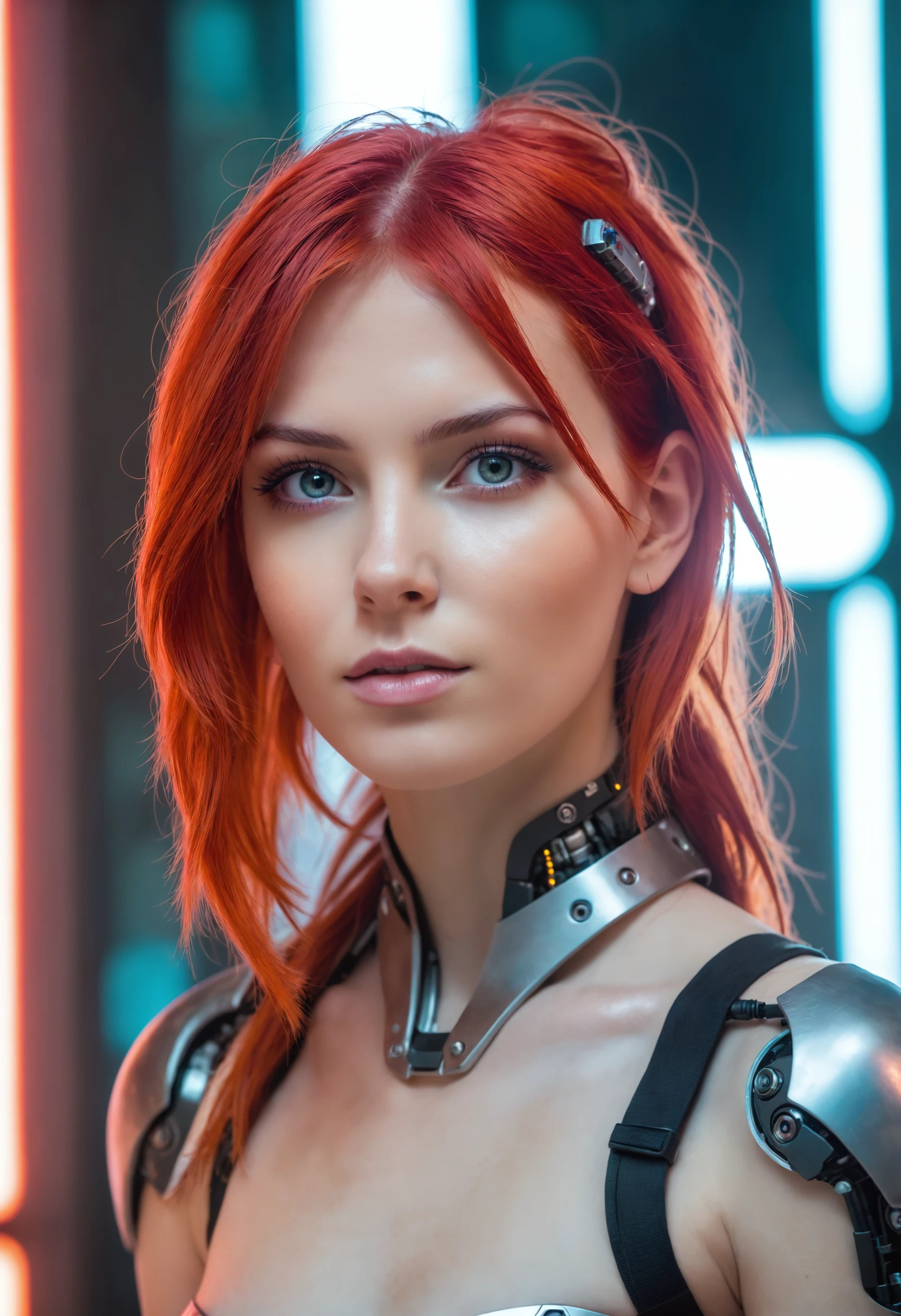 Best quality, Raw photo, face portrait, a young cyborg woman with fiery red hair. Her face fills the frame, bathed in neon hues, exuding determination and mystery amidst a futuristic backdrop