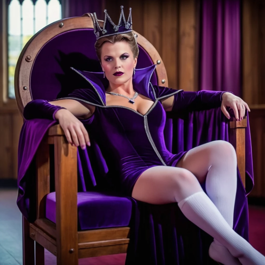 cinematic film still of <lora:Evil Queen2:1.2>
Evil Queen a hot evil woman in a sexy purple dress costume with white socks and black shoe laying on a wooden throne chair with purple curtains in the background, shallow depth of field, vignette, highly detailed, high budget, bokeh, cinemascope, moody, epic, gorgeous, film grain, grainy