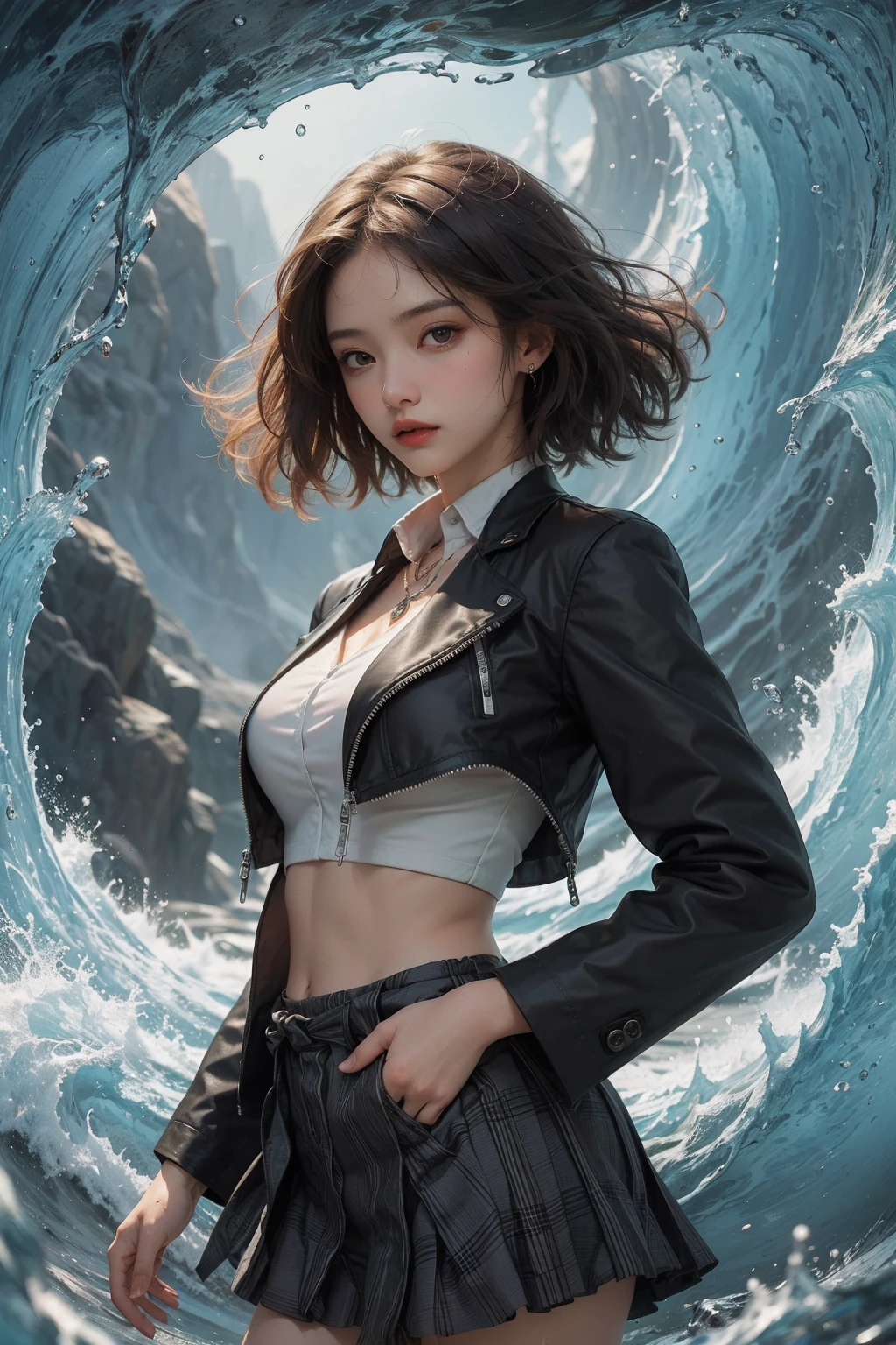 Best quality,masterpiece,ultra high res,1girl,<lora:GoodHands-beta2:1>,water,waves,filled with water energy,<lora:shui2 å æ°´ç¥:0.7:lbw=MIDD>,shui2,skirt,jacket,jewelry,shirt,short hair,black hair,plaid skirt,black jacket, elegant,, lovely, detailed, dramatic bright light, friendly, glowing, pleasant, intricate, extremely delicate, innocent, expressive, beautiful, color, rich deep strong amazing, epic composition, cinematic new, fabulous, symmetry, background, spread colors, ambient, iconic, fine detail, enhanced, full