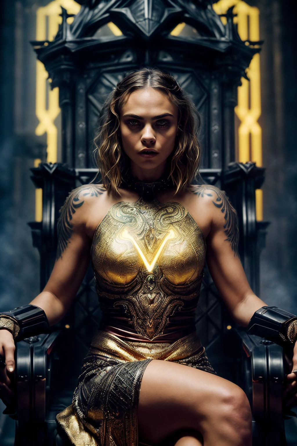 artistic photography, (symetric compositiont:1.5), front medium full shot photo of 1girl ,beautiful, (demonic goddess with yelow glowing shiny eyes with reptilian pupils:1.35), (Cara Delevingne|keira knightley), (golden intricite tattoos on the neck:1.3), sharp facial feathers, short burgundy hair with gold highlights, (fitness body type:1.2), voluptuous, vivid colors , (dust, epic, fog, mist, particles around her body: 1.35), (angry looking straight at viewer) Deep view, (lights:1.1), (detailed skin textures:1.1), (in giant pagan cathedral:1.1), (bokeh, particle efects,:1.3), , (she sits on a monumental throne:1.3), she iis wearing tight short gold ornate dress, <lora:add_detail:1>, (2000's mood, cinematic, cold mood, by christopher nolan cinematography style, made with IMAX 70mm camera:1.45)