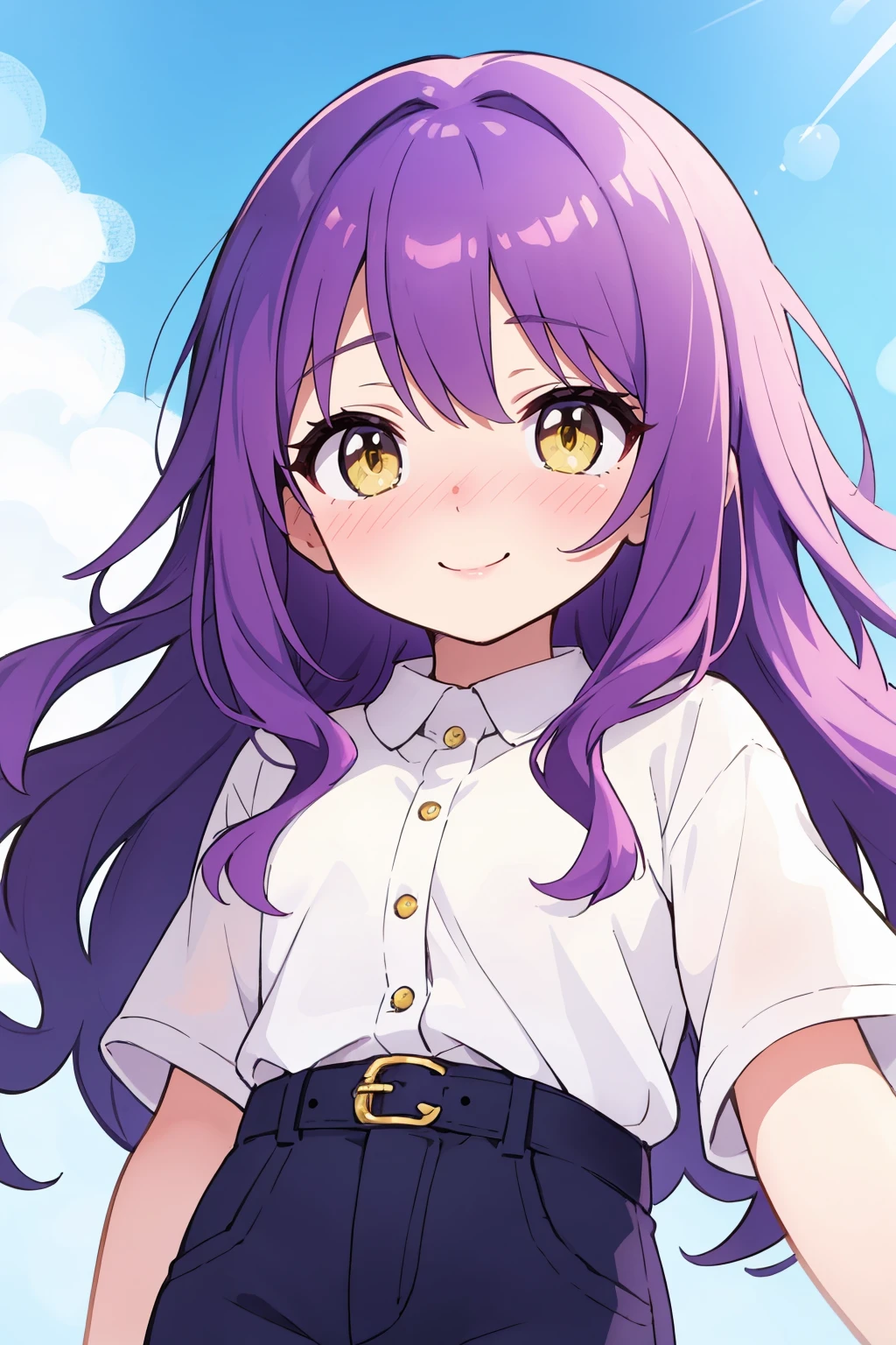 masterpiece, best quality, solo, petite,
long hair, wavy hair, purple hair, yellow eyes, nose blush, seductive smile, pants,
portrait, blue sky,