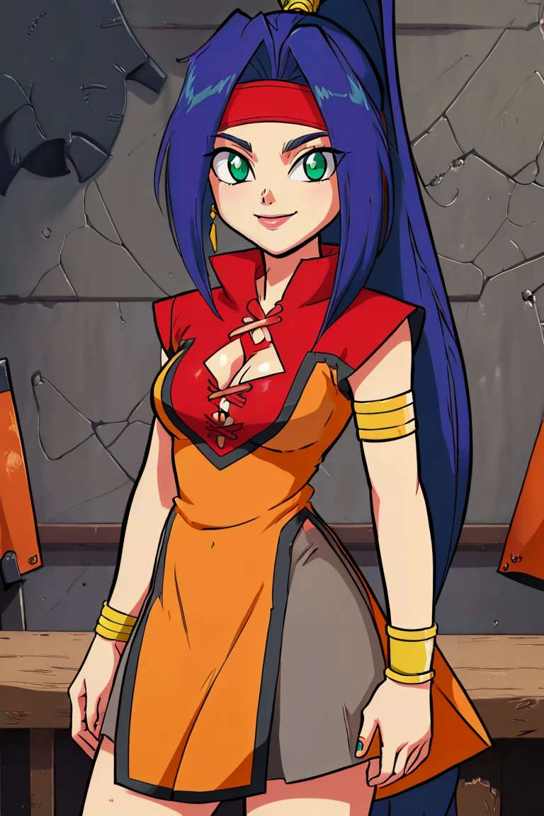 <lora:Diives_Style:0.8>,((masterpiece,best quality)), absurdres, <lora:Mariam_Beyblade:0.8>, Mariam_Beyblade, 1girl, solo, green eyes, long hair, blue hair, ponytail, orange dress, grey skirt, bracelet, clothing cutout, headband, hair intakes, high ponytail, armlet, cleavage, solo, smiling, looking at viewer, cowboy shot,