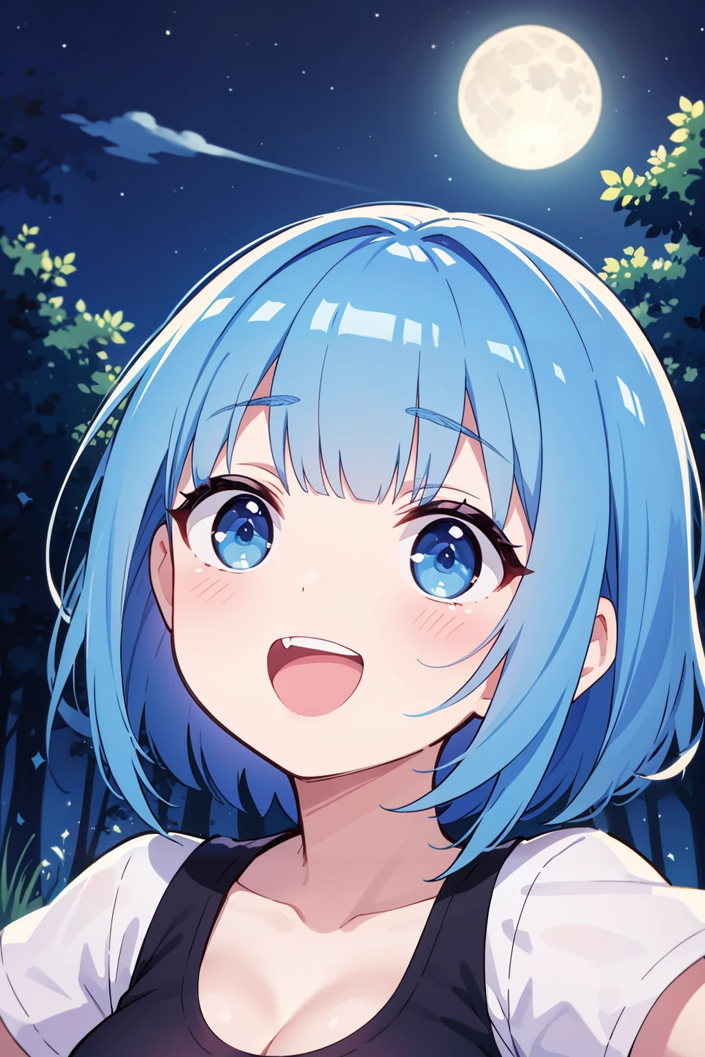 ((masterpiece, best quality, ultra-detailed, very fine 8KCG wallpapers)), 1girl, solo, kawaii, , short hair, blue hair, straight hair, blue eyes, t-shirt, open mouth, large breasts, light smile, blunt bangs, x hairclip, portrait, forest, night, moon,
