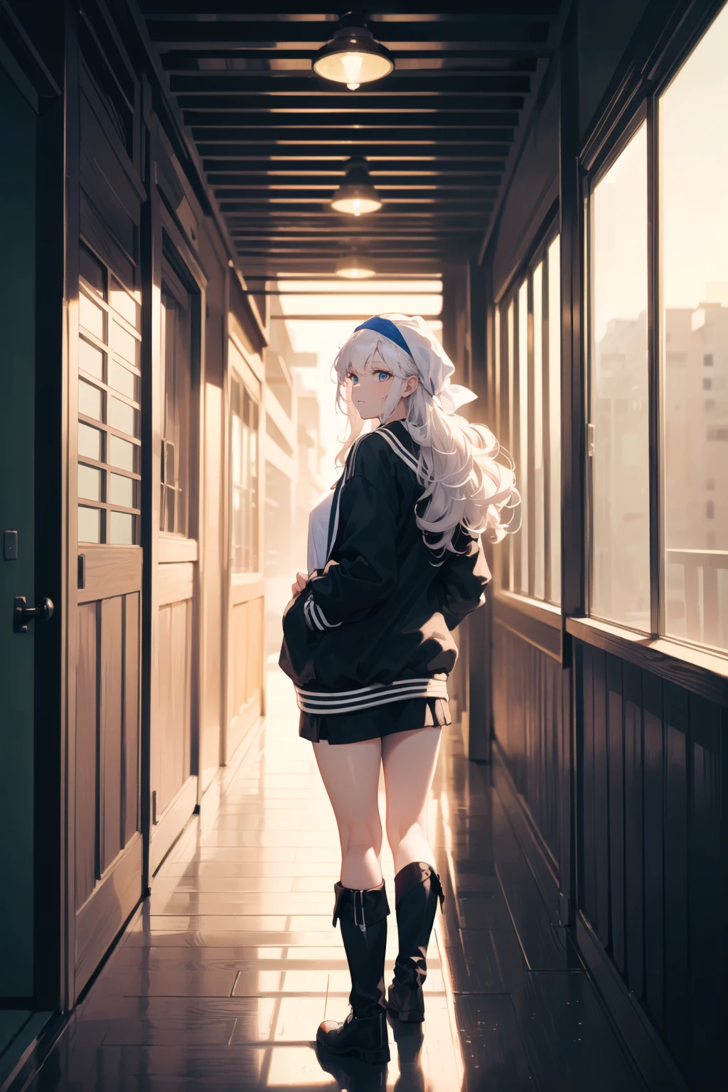 (best quality, masterpiece:1.1), cowboy shot, looking back, looking down, (1female), benevolent face, white hair, long hair, curly hair, (bandana, black track jacket), black legwear, black boots,