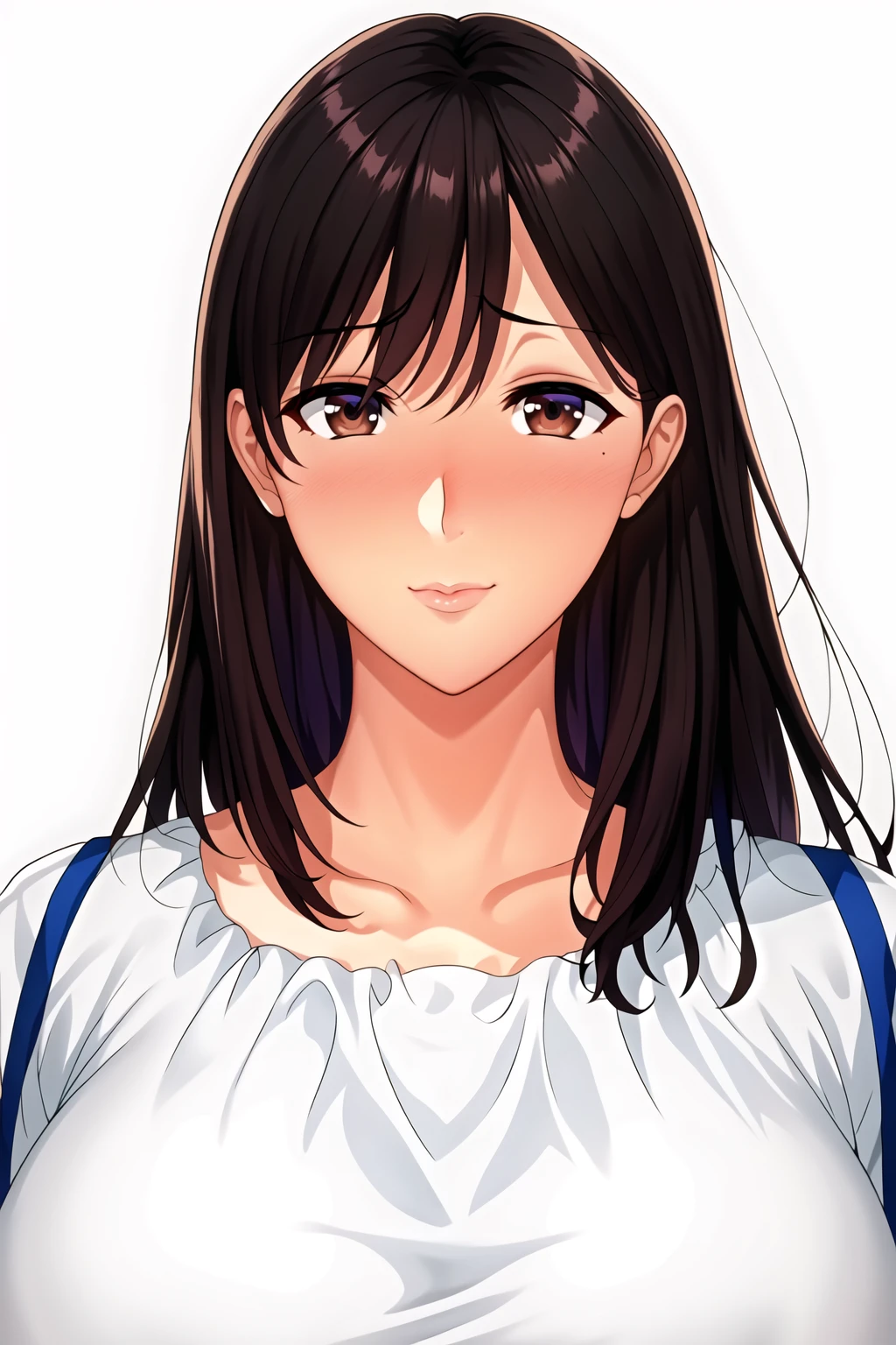 Simple White Background,
white shirt,puffy shirt,short sleeves, collarbone,
Blue pencil skirt, Black pantyhose,
<lora:Yukiha_Serizawa_Library-KK77-V1:0.7>,(BBBBB:1.2),
Brown eyes, Brown hair,bangs,Long_hair,
<lora:Oda_Non_Style-KK77-V2:0.5>,<lora:more_details:0.1>,
1 girl, 20yo,Young female,Beautiful Finger,Beautiful long legs,Beautiful body,
Beautiful Nose,Beautiful character design, perfect eyes, perfect face,expressive eyes,perfect balance,
looking at viewer,(Focus on her face),closed mouth, (innocent_big_eyes:1.0),(Light_Smile:0.3),
official art,extremely detailed CG unity 8k wallpaper, perfect lighting,Colorful, Bright_Front_face_Lighting,White skin,
(masterpiece:1.0),(best_quality:1.0), ultra high res,4K,ultra-detailed,
photography, 8K, HDR, highres, absurdres:1.2, Kodak portra 400, film grain, blurry background, bokeh:1.2, lens flare, (vibrant_color:1.2),professional photograph,
(Beautiful,large_Breasts:1.4), (beautiful_face:1.5),(narrow_waist),