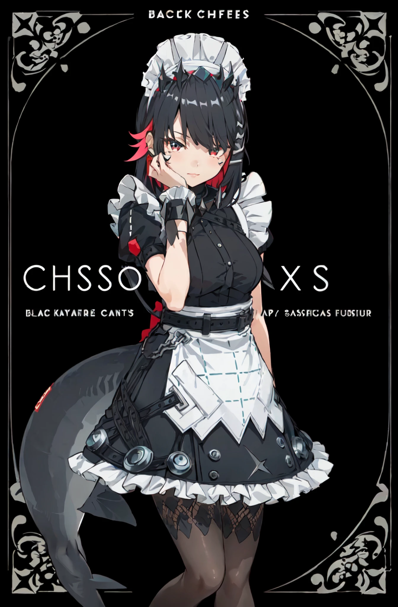 simple_black_background, black and white theme, Sense of coordination, sense of order, mathematics beauty, (((cover design))), (((((cover art))))), ((trim)), album_art, official art, (Master's work),
<lora:sharkmaid-v100-000029:0.8>, maid, Ellen Joe, 1tail, shark girl, (shark:-0.5), 1girl, red eyes, tail, pantyhose, multicolored hair, black footwear, short sleeves, apron, wrist cuffs, maid headdress,
girl, perfect_detal_girl, cute_girl, chess girl, pretty, long hair, (((delicate and beautiful eyes))), cute_eyes, looking at viewer, cute face, pretty facenavel, perfect body, body art, standing on chessboard, beautiful pose,
chessboard, chess, white geometry, black geometry, reflection, crystal_art, pattern_design, creative, Mystery pattern, black crystal decorate, black crystal, (architectural art), ((geometric art)), pattern design, creative,
------,
Low saturation, grand masterpiece, Perfect composition, film light, light art