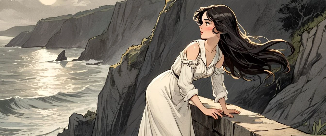 graphic novel illustration of a  back of a sailor's wife worried on a ledge of the cliffs, wearing a old white dress and holding a sun hat on her hand, her long hair in the wind, 1920's, vintage, peasant, thorns, She is positioned near the water, looking for a sailboat visible in the raging seas background and stormy weather. The painting captures the beauty of the scene, with the woman as the focal point, sketch, award composition, comics, dramatic, cinemascope, epic, intricate, black and white
