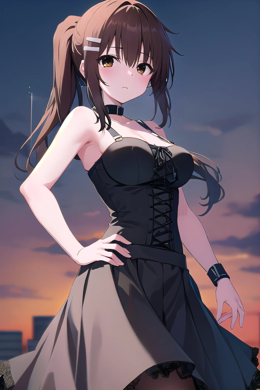 masterpiece, best quality, ultra-high-detailed, Minakami Yuki, brown hair, brown eyes, ponytail, choker, pin, armband,  black dress,