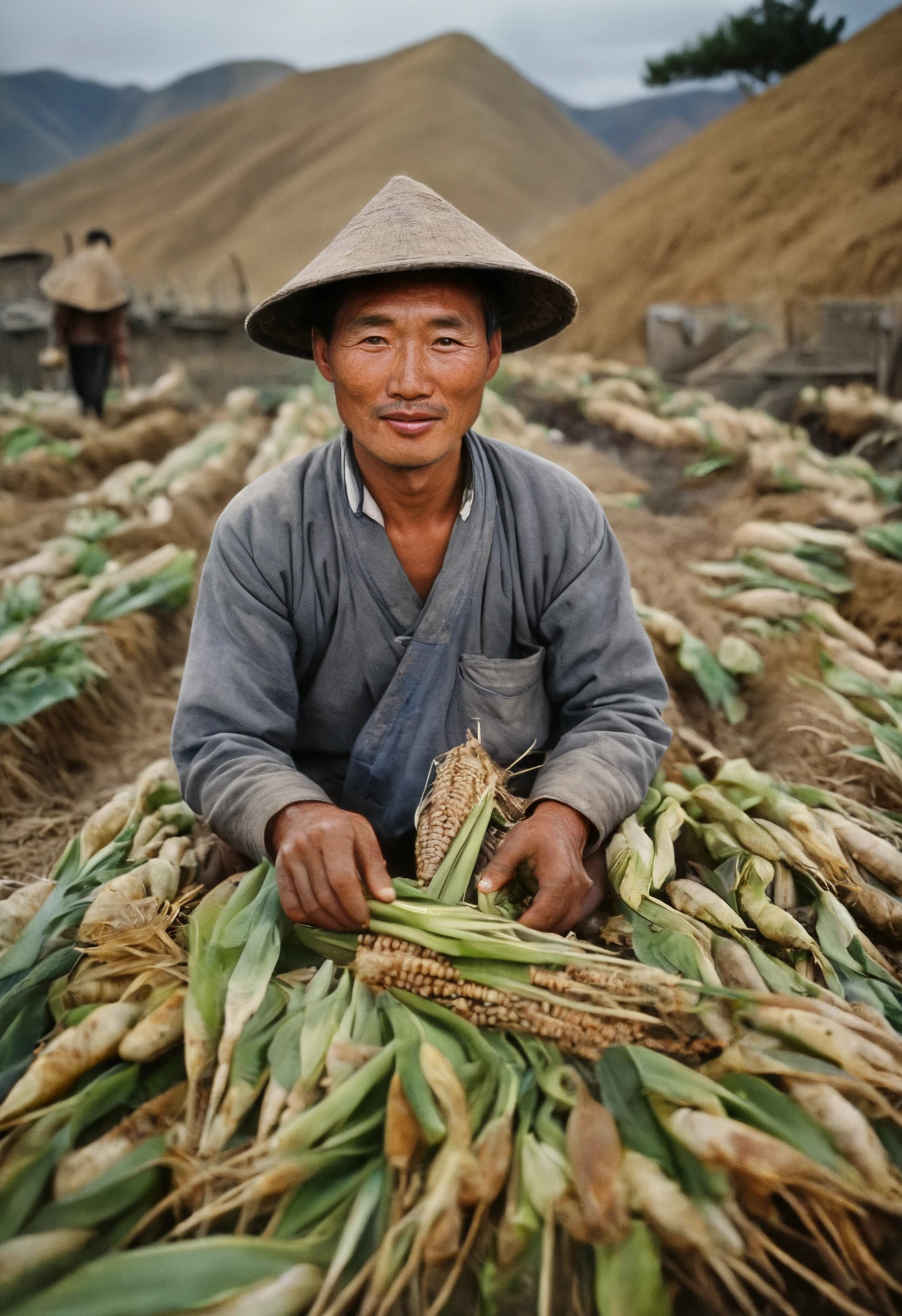 Photography in (stvmccrr style), a chinese farmer, analog film, film grain, kodachrome, 8k, hdr, masterpiece, award winning photography