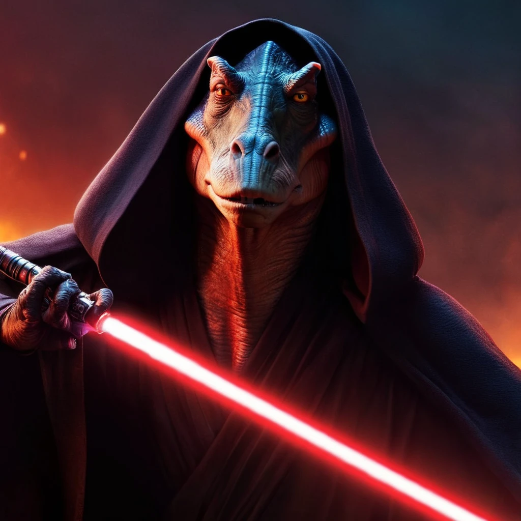 concept art of <lora:darth jar jar binks:1.2>
darth jar jar binks a creature in a dark robe with a red light saber in star wars universe, digital artwork, illustrative, painterly, matte painting, highly detailed