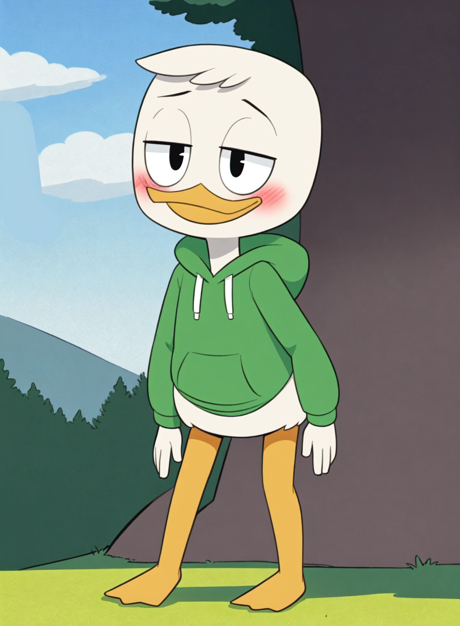 <lora:Huey Dewey Louie V1:0.55> (ducktales:1.2) (by bebebebebe:1) (by r-mk:1.2) (by kyurisawa:1.2) BREAK louie duck, white skin, white hair, detailed background, outside, clouds, sky, grass, orange legs, blush, standing, solo, black eyes, leaning forward, green hoodie, green clothing, young, half closed eyes, bottomless