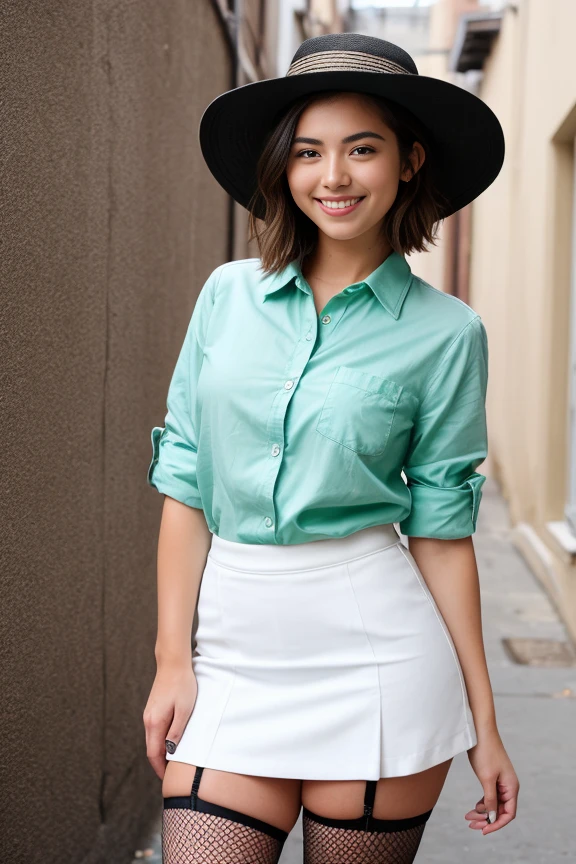 (Extremely Detailed gorgeous, smiling photo of a 20-year-old girl dressed in a green unbuttoned shirt, a short white skirt, black fishnet stockings, woven slides and a straw fedora hat. She poses in a nighttime back alley, the clothes accentuate her figure.
short hair, beaming smile looking at the viewer. flirting with the camera, 8k):1