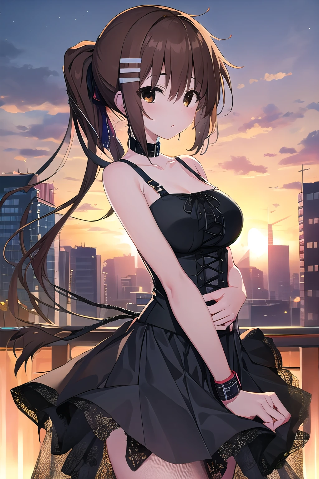 masterpiece, 4K, top-quality, Misaka Mikoto, Luxurious black dress a miniskirt A sexy nightcity Beautiful back beauty legs Cool Face