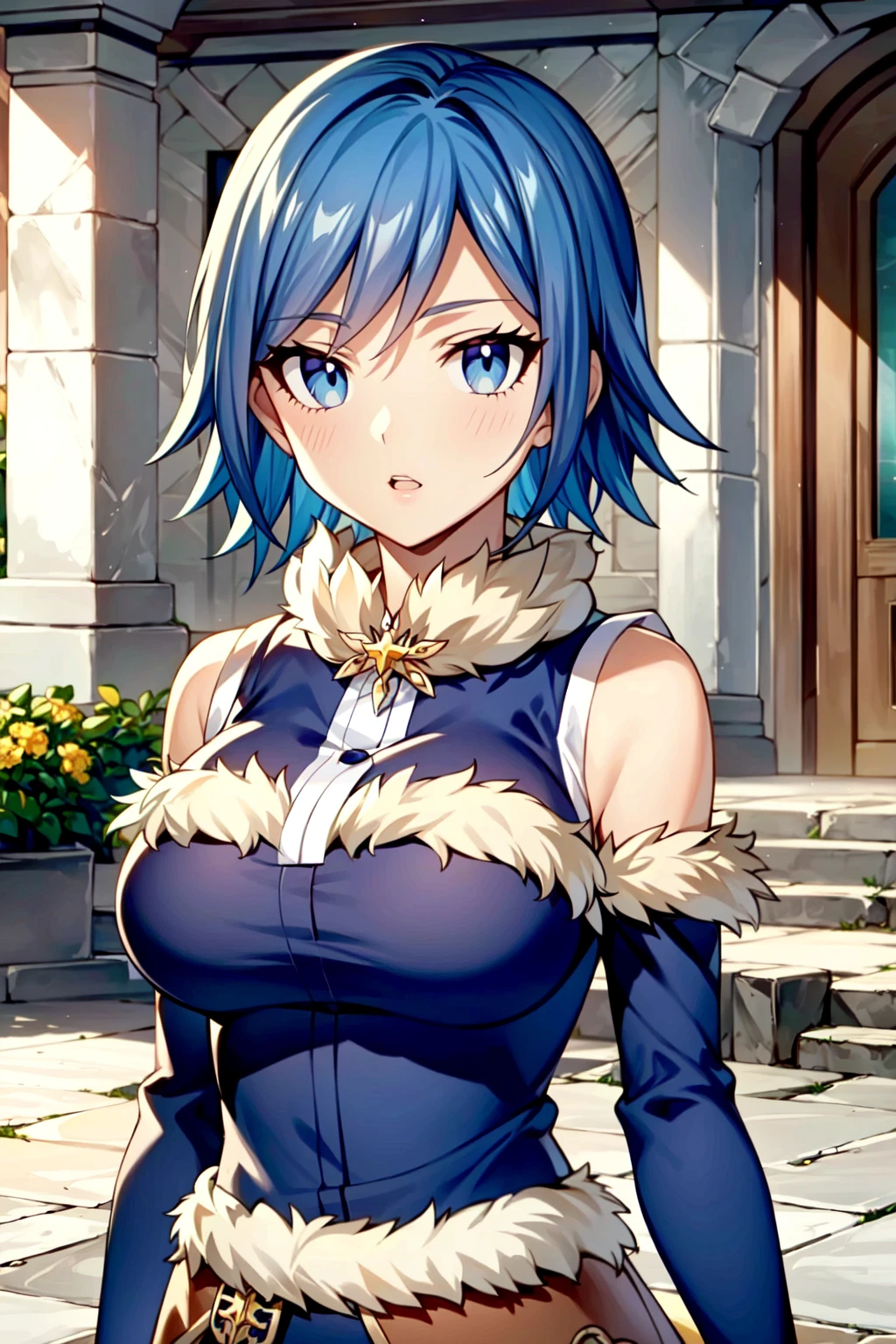 (extremely detailed CG unity 8k wallpaper),(masterpiece),(best quality),(ultra-detailed),(best illustration),(best shadow),(absurdres),(detailed background), <lora:OGT_Juvia_Lockser-v1:0.8> Juvia Lockser, 1girl, blue hair, solo, short hair, blue eyes, parted lips, breasts, flower, large breasts, outdoors, looking at viewer, upper body, fur trim, coat, buttons, detached sleeves
