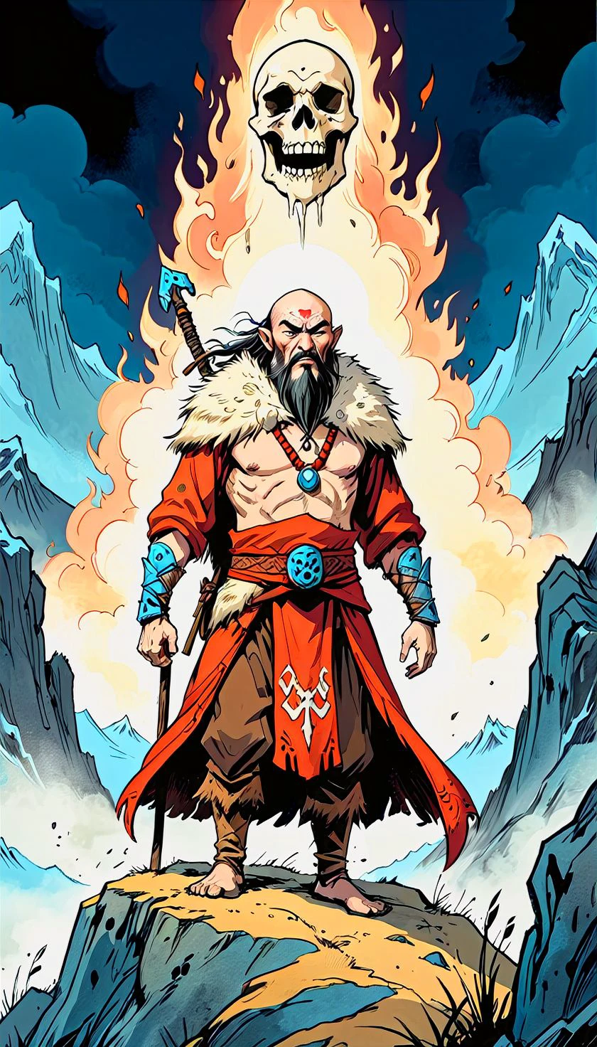 graphic novel illustration (vibrant:0.7) dark comic book ink style, A mountain medieval watchmen warrior hermit in a fur and bone intricate ensemble, stands at the peak, communicating with the spirits of nature, mongolian background, Dark and gritty, epic scene, dramatic lighting