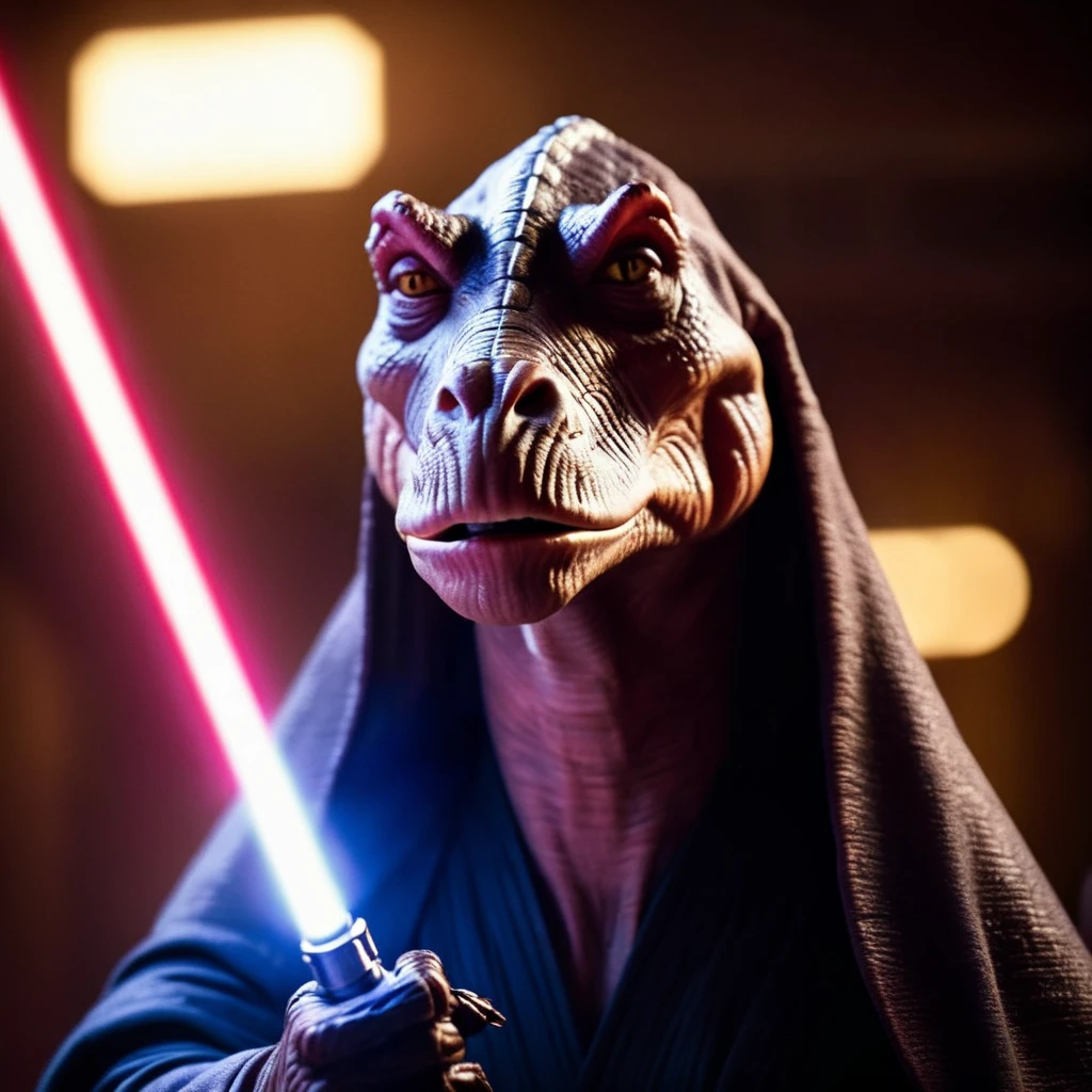 cinematic film still of <lora:darth jar jar binks:1.2>
darth jar jar binks a creature in a star wars costume holding a light saber in star wars universe, shallow depth of field, vignette, highly detailed, high budget, bokeh, cinemascope, moody, epic, gorgeous, film grain, grainy