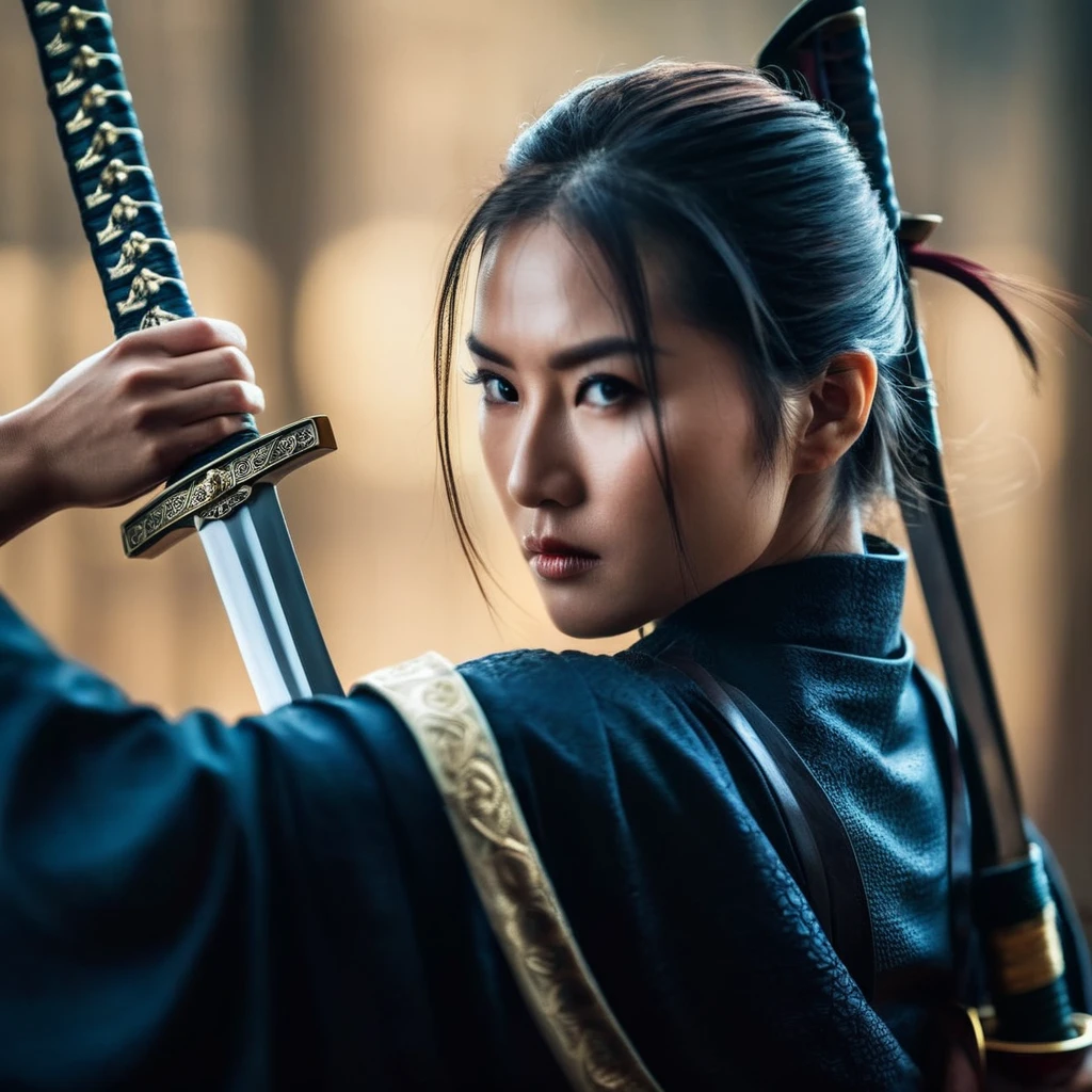 cinematic film still of <lora:female samurai style:1.2>
an epic cinematic closeup photo of a woman holding a sword in front of her eyes female samurai style, shallow depth of field, vignette, highly detailed, high budget, bokeh, cinemascope, moody, epic, gorgeous, film grain, grainy