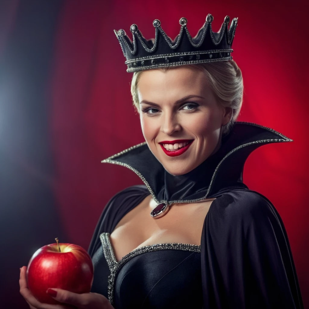 cinematic film still of <lora:Evil Queen2:1.2>
Evil Queen a hot blonde woman dressed in a evil queen black costume holding a red apple while laughing with red background, shallow depth of field, vignette, highly detailed, high budget, bokeh, cinemascope, moody, epic, gorgeous, film grain, grainy