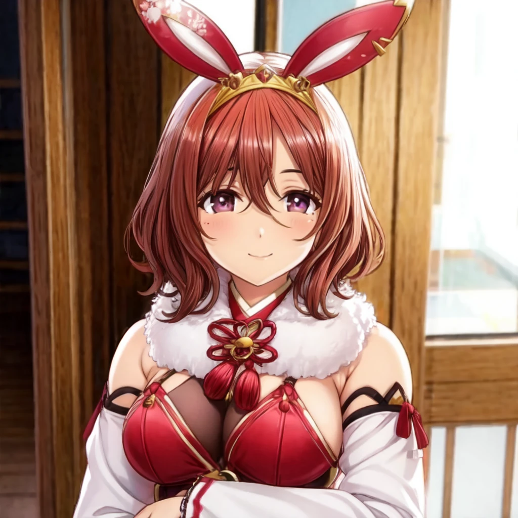 simple background, standing, smile, (upper body, portrait:1.4), madoka higuchi, brown hair, eyebrows hidden by hair, hair ornament, hairclip, mole, mole under eye, (purple eyes:1.1), short hair, wavy hair, rabbit ears, fake animal ears, detached sleeves, white thighhighs, japanese clothes, wide sleeves, red leotard, nail polish, hairband, tiara, red footwear, frills, rabbit tail, <lora:Gekko2_lora:0.6> <lora:madokahiguchitest:1> <lora:more_details:0.6>