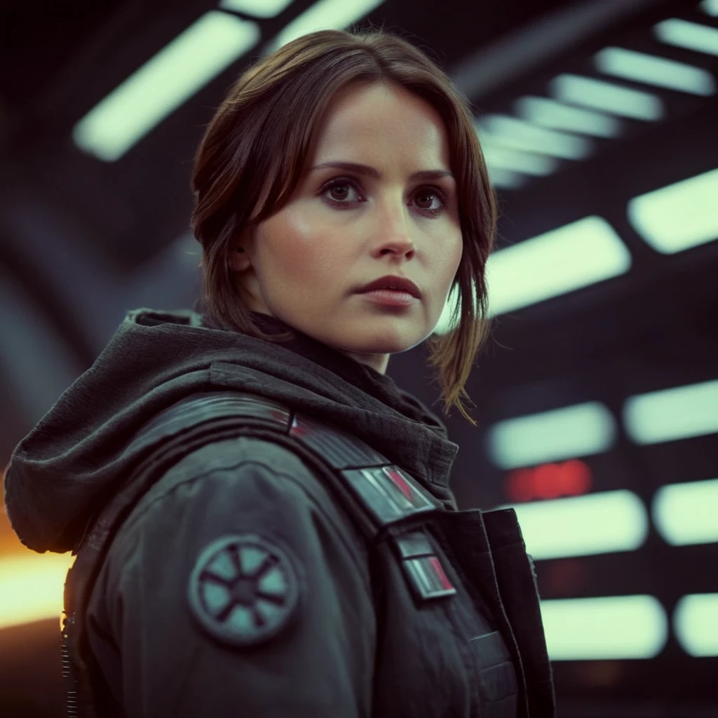 cinematic film still of <lora:Jyn Erso:1.2>
Jyn Erso a closeup of a hot perfect face beautiful woman in a black jacket looking at something in star wars universe, shallow depth of field, vignette, highly detailed, high budget, bokeh, cinemascope, moody, epic, gorgeous, film grain, grainy