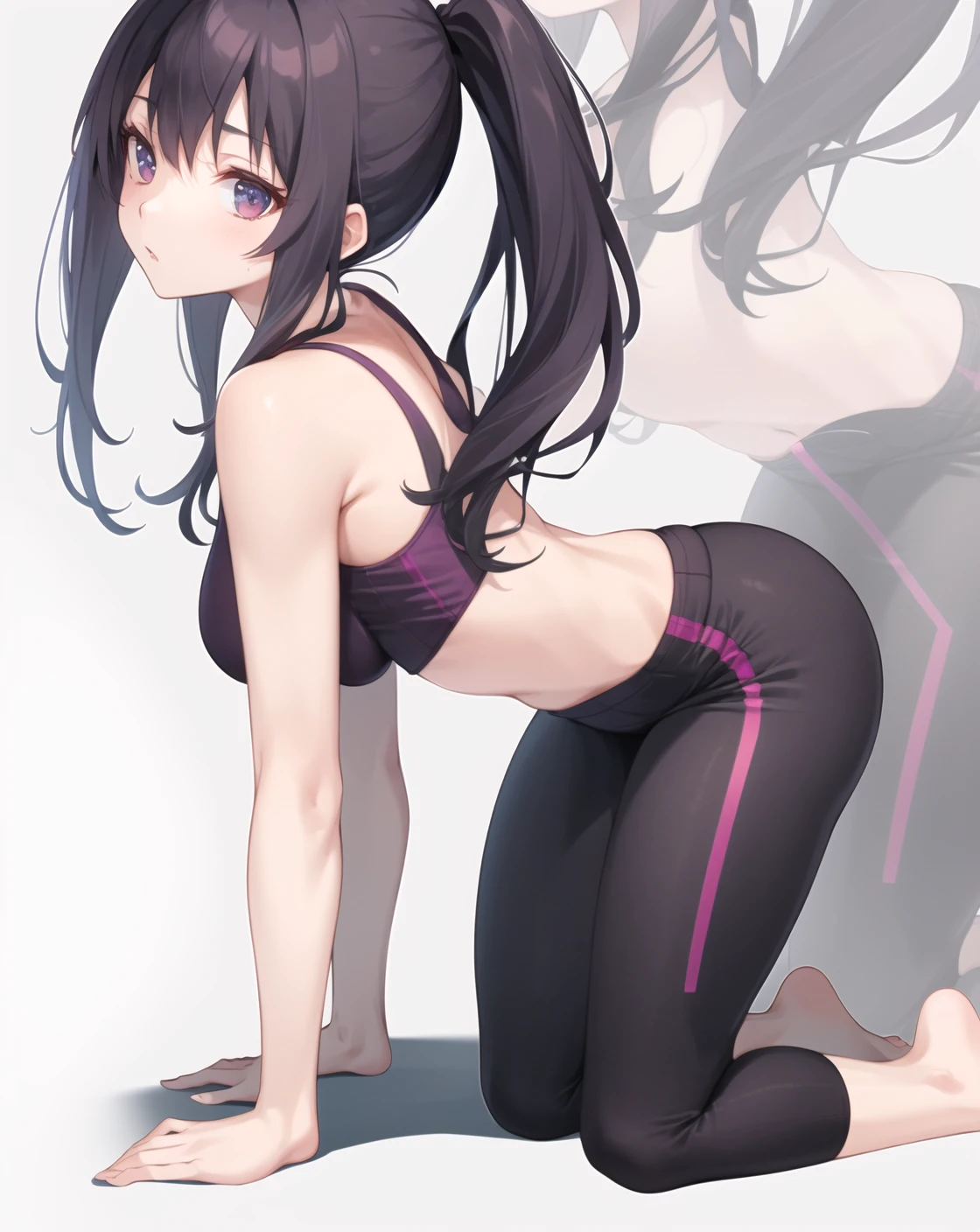 zoom layer, 1girl, sports bra, yoga shorts, ((all fours)), simple background, <lora:zoom_layer_v1.5:0.8>