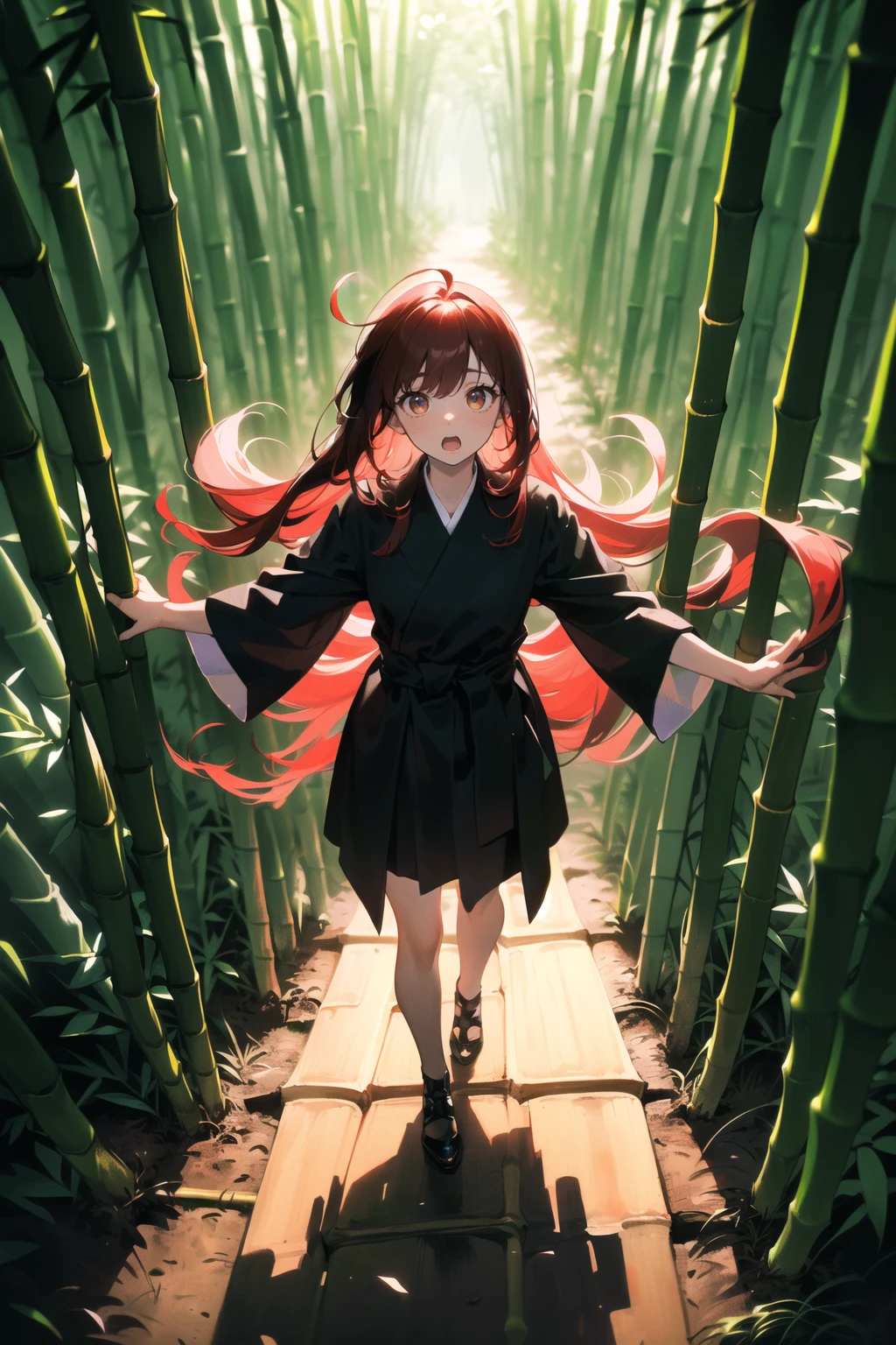 (best quality, masterpiece:1.1), full body, looking outside, (facing up:1.2), (1female), surprised face, crimson hair, absurdly long hair, messy hair, (emo), clothes, ( (bamboo forest:1.2)),