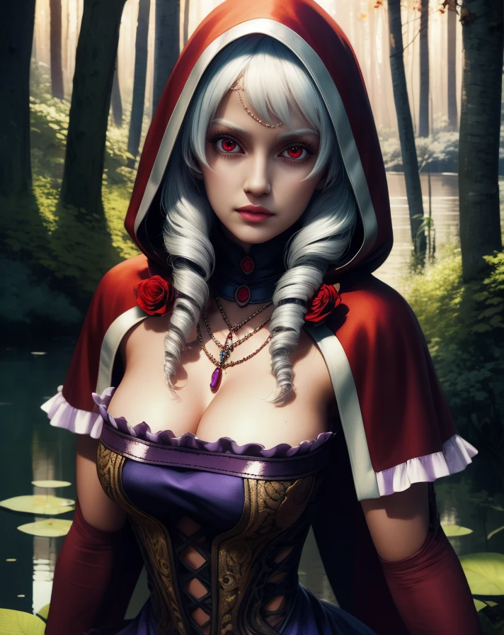 viola,red eyes,white hair,twin drills,
hood up,cape,rose,detached sleeves,cleavage,dress,jewelry,necklace,frills,
standing,looking at viewer,
forest,night,lake,
(insanely detailed, beautiful detailed face, masterpiece, best quality),solo,<lora:viola-SC510v2:0.8>,