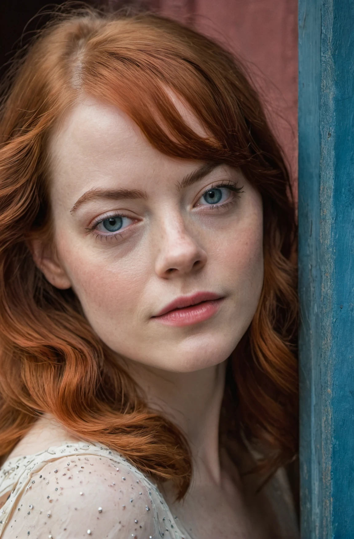 Portrait Photo a portrait, hyperdetailed photography, by Elizabeth Polunin, red haired young woman, Emma Stone, brooklyn, looking straight to camera, sweaty, olya bossak, nepal, very accurate photo, suspiria