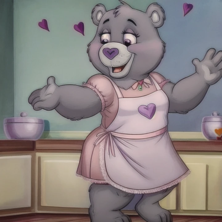 solo,
bear,
carebear,
grey tinted purple body,
grey tinted purple fur,
grey fur with a slight purple tint,
dress,
apron,
heart shaped nose,
dancing,
<lora:Grams_bear-02:1>