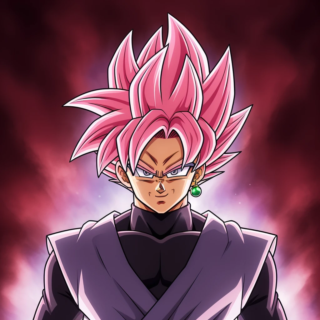 Best_QualityPos, RAW photo, intricate details, best quality, 8k uhd, soft lighting, 1boy, solo, spiked hair, pink hair, pink eyes, super saiyan, single earring, dougi <lora:Goku_Black_Super_Saiyan_Rose:0.6>