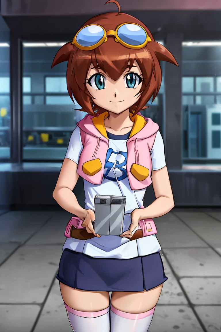 <lora:twistedscarlett60_style:0.5>,((masterpiece,best quality)), absurdres, <lora:Amano_Madoka_Beyblade:0.8>, Amano_Madoka_Beyblade, 1girl, solo, short hair, aqua eyes, brown hair, goggles on head, skirt, zettai ryouiki, white thigh highs, pink hoodie, solo, smile, looking at viewer,