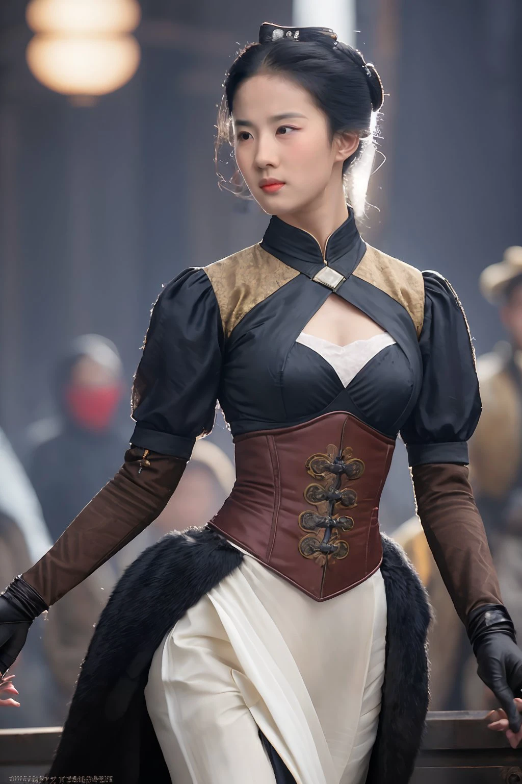 liuyifei <lora:liuyifei_dragon_mj7_2:0.6> photorealistic, detailed clothing, hyperrealistic, artstation,, highly detailed, sharp focus,stunningly beautiful, dystopian,,slim body, sexy, best proportions, small breast, narrow waist,real life, Imagine fashion from an alternate Victorian era, blending steam-powered technology with style