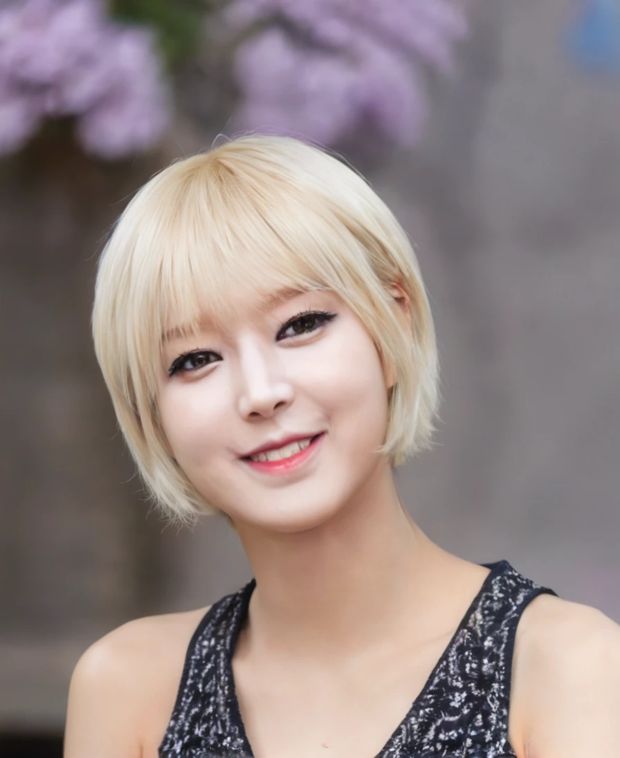 a beautiful picture of ch04x, short hair,blonde, idol,smile, masterpiece, face focus, photorealistic, woman,4k, hdr,  bloom, light, RAW color photo,(fully in frame:1.1), (blush:0.5), (goosebumps:0.5),  <lora:ch04xl:1>