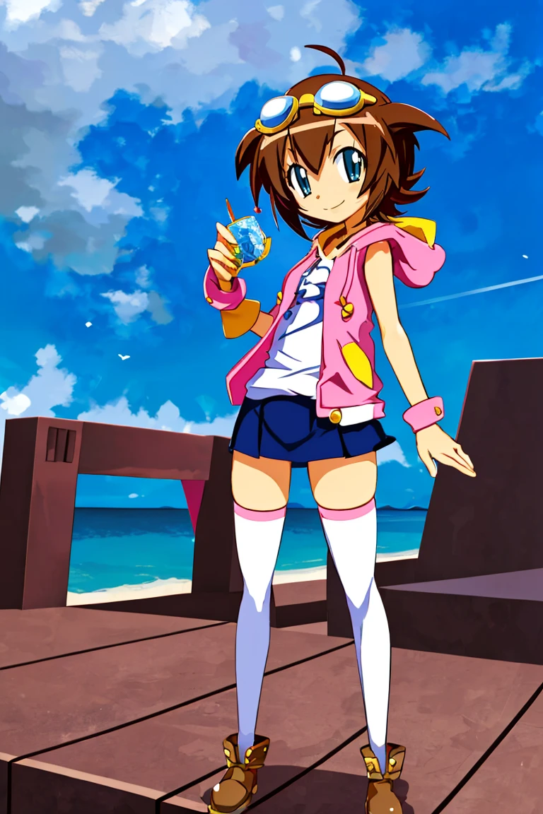 <lora:Harada_Takehito_v2_Repeats5:0.8>,((masterpiece,best quality)), absurdres, <lora:Amano_Madoka_Beyblade:0.8>, Amano_Madoka_Beyblade, 1girl, solo, short hair, aqua eyes, brown hair, goggles on head, skirt, zettai ryouiki, white thigh highs, pink hoodie, solo, smile, looking at viewer,