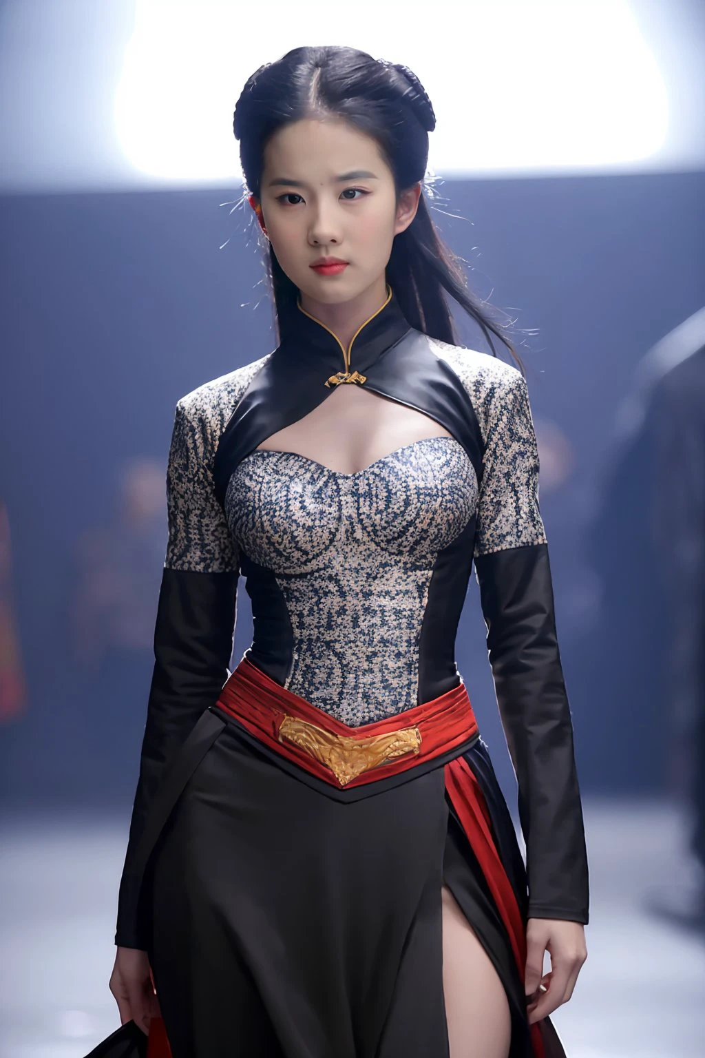 liuyifei <lora:liuyifei_dragon_mj7_2:0.6> photorealistic, detailed clothing, hyperrealistic, artstation,, highly detailed, sharp focus,stunningly beautiful, dystopian,,slim body, sexy, best proportions, small breast, narrow waist,real life, Design clothing that uses high-contrast colors and patterns for dramatic effect