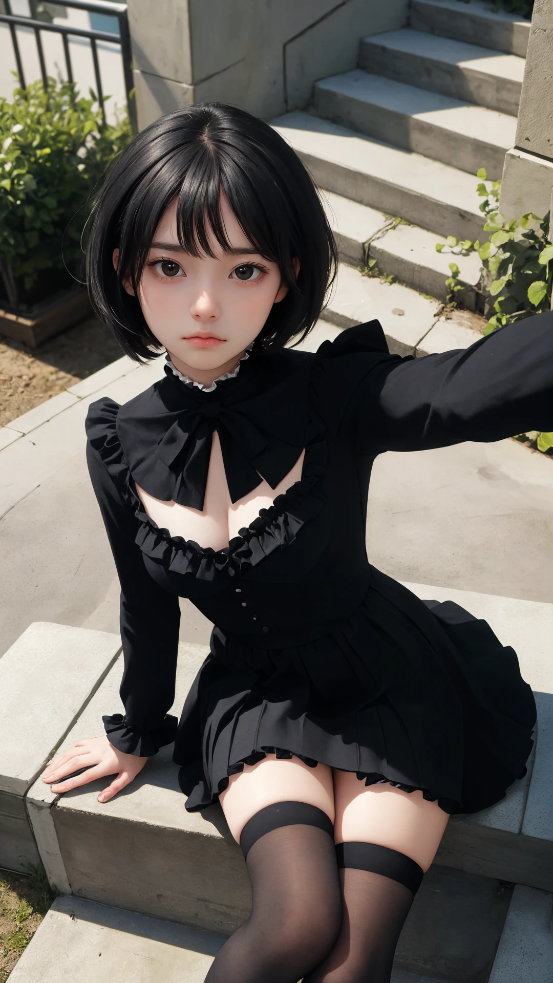 (masterpiece:1.2), (best quality:1.2), (absurdres:1.2), (looking at viewer), (shiny_skin:1.4),
selfie with top view, lady,
thighhighs, 
pixie cut, sleek, fringe, side bang,
outdoors, day, city,
dress,
long sleeves, black hair, black eyes,
sad face, medium breasts, 
frills, 
sitting on stairs,